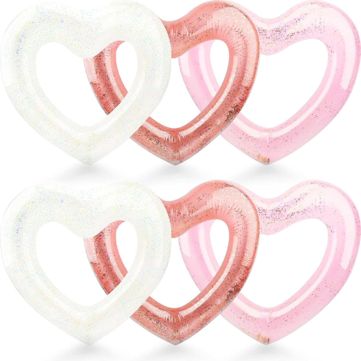6 Pack Inflatable Glitter Heart Pool Float Blow up Heart Shaped Swimming Tube for Adults Bachelorette Party Summer Beach Party Toys
