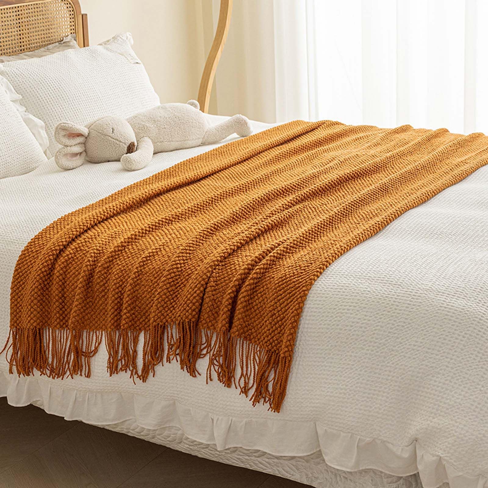Couverture à pompons tricotée en relief 127 x 260 cm pour habiller un lit uni