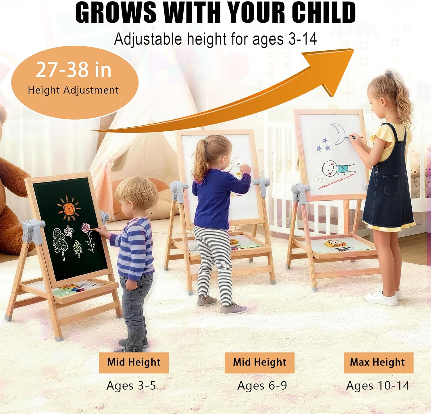 Kids Double Sided Art Easel, Standing Easel Set, with Magnetic Whiteboard & Chalkboard, 360°Rotating Drawing Easels with Art Supplies, Adjust Height 28-39in