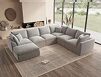 Vista 19 de Sofá tipo nube de gran tamaño para sala de estar, sofá modular convertible con otomana, de 7 plazas, blanco cálido