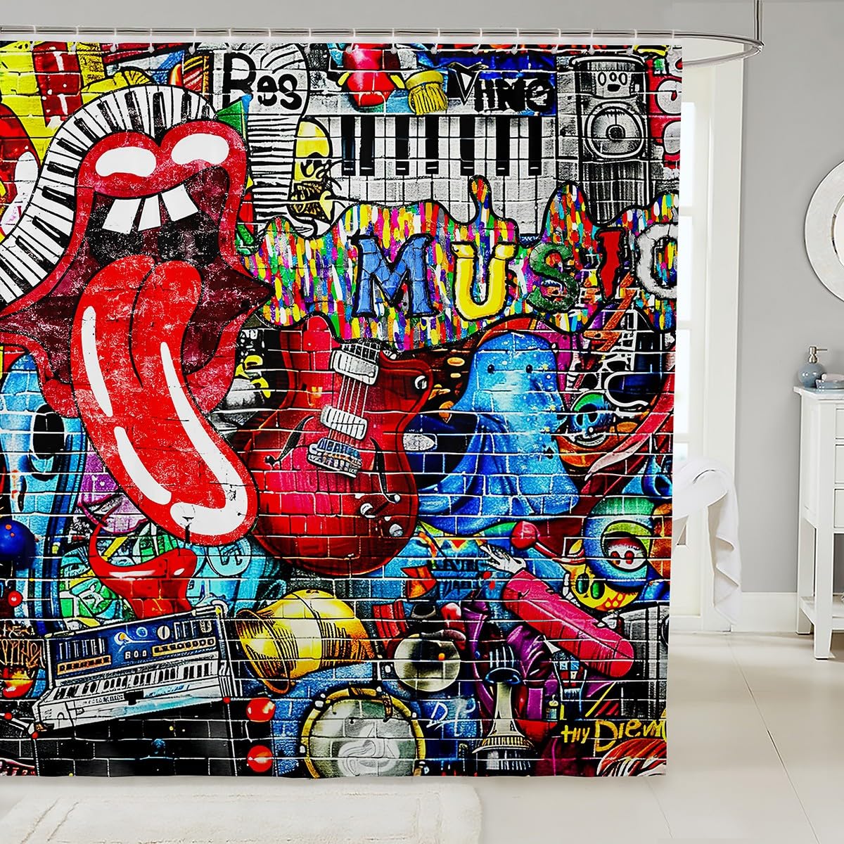 Homewish Music Themed Graffiti Shower Curtain, Teens Girls Colorful Brick Wall Graffiti Bathroom Fashion Red Lips 3D Print Waterproof Curtain Boys