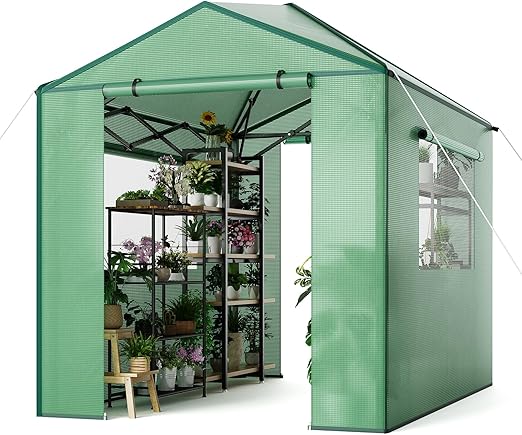 8x6 FT Portable Pops-Up Greenhouse for Indoor/Outdoor Use, Durable PE Cover Walk-in Greenhouse Kit, Zippered Doors & Mesh Windows Tunnel Green Houses, Easy Setup Garden Grow Tent for Plants, Green