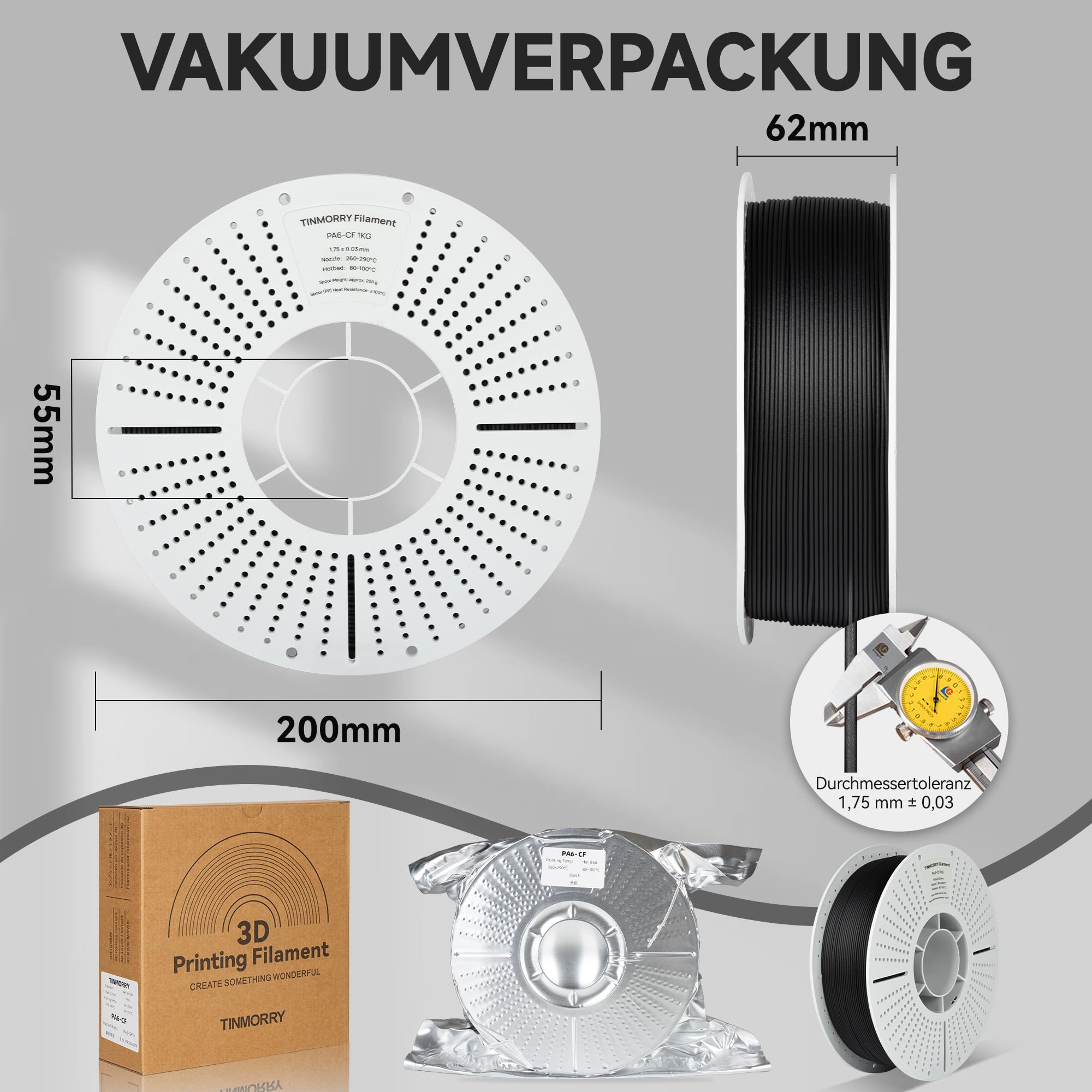 TINMORRY filament PA6-CF 1,75 mm, filament nylon do drukarki 3D 1 KG, Czarny