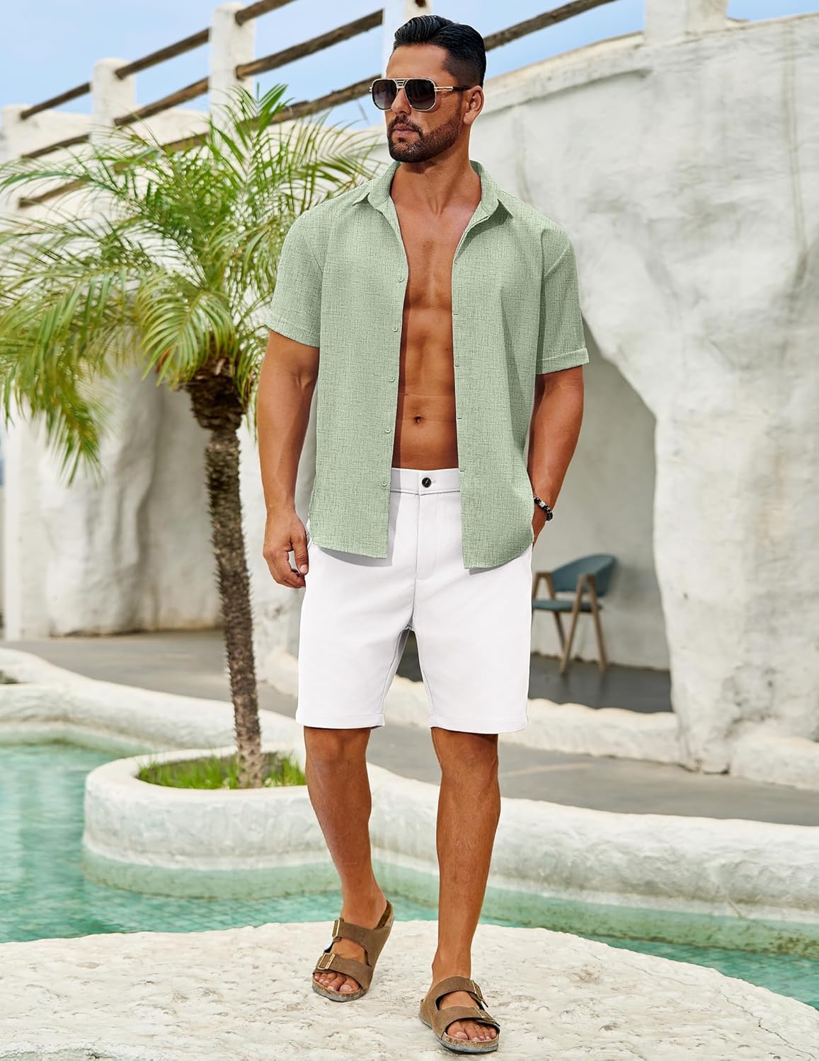 Linen Shirts for Men Casual Short Sleeve Button Down Shirt Beach Summer Vacation Wedding Cotton Tops - Image 3