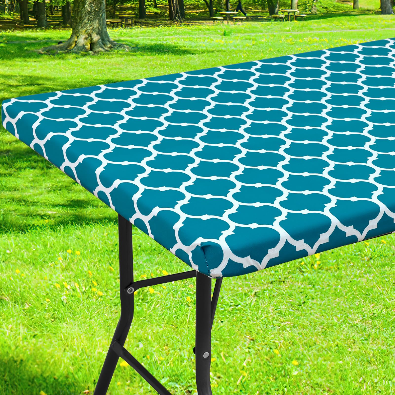 Smiry Rectangle Picnic Table Cover, Waterproof Elastic Fitted Camping Tablecloths for 5 Foot Tables, Wipeable Flannel Backed Vinyl Tablecloth