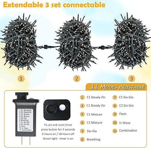 Miniatura 3 de AWQ 1000 luces LED de Navidad de 82 pies, cadena de luces múltiples y cálidas enchufables con 11 modos, temporizador y función de memoria extensible