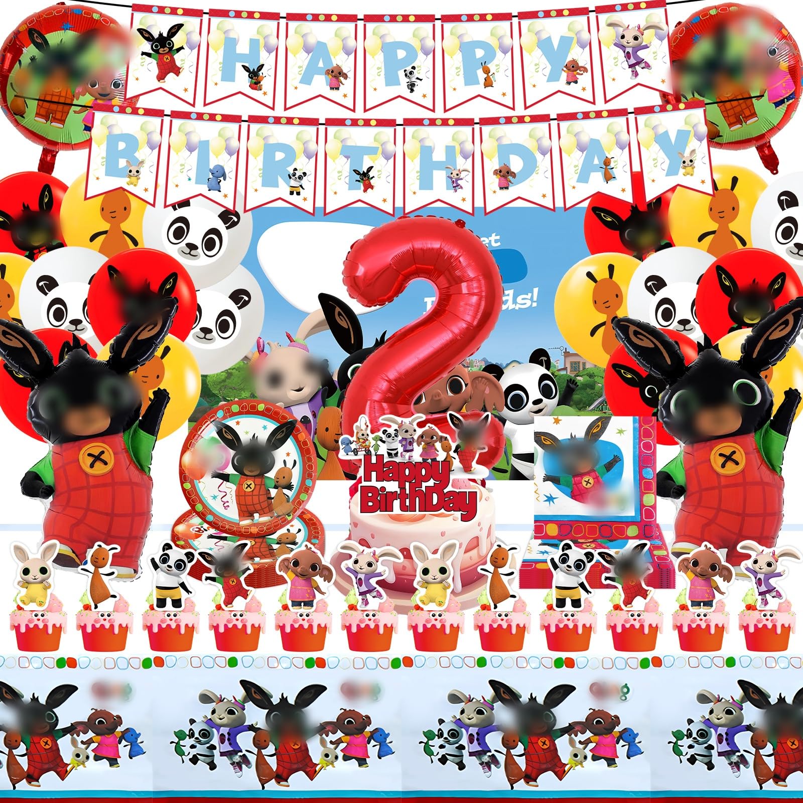 Decorazioni Compleanno, 82 Pezzi Stoviglie Compleanno 2 Anni Bunny Decorazione per Feste Kit Festa Includere Striscione Decorazioni Torta Palloncini Piatto Tovagliolo Tovaglia