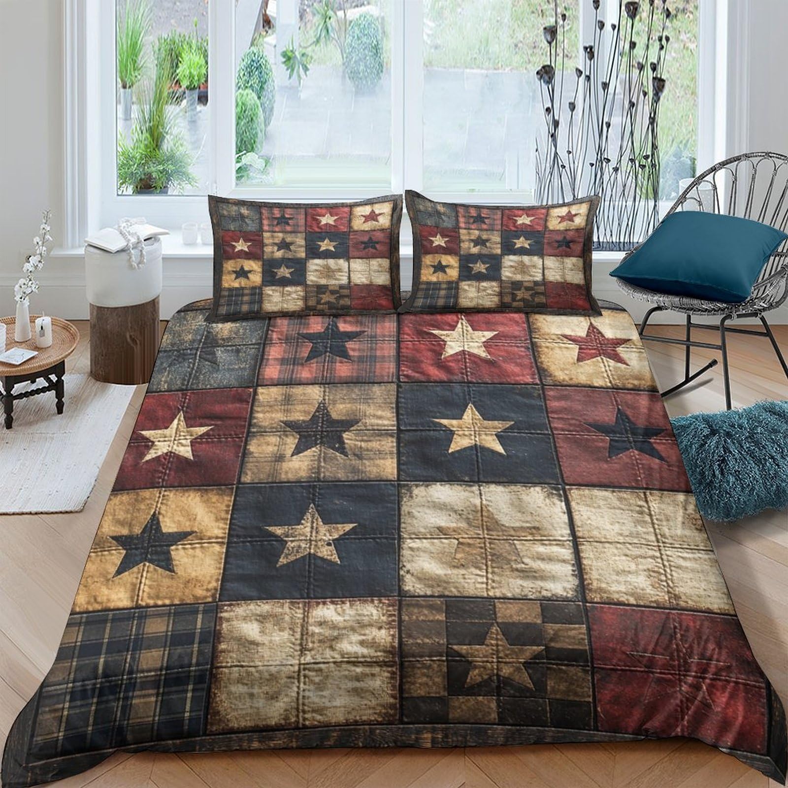Ctjqhvkz Style-7 3D Printed Vintage Patchwork Fitted Sheet Microfiber Soft Breathable Rustic Star Mattress Cover For Bedroom Guest Room Decor Single（135X200cm）