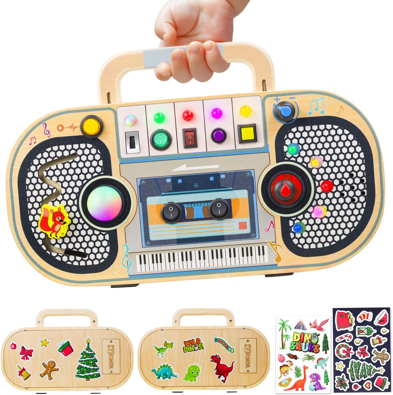 Ansee Busy Board Montessori Toys for Toddlers, Wooden Sensory Toys with LED Light, Switches, Music, Labyrinth, Adjust Volume, 2 DIY Stickers, Learning Travel Toys