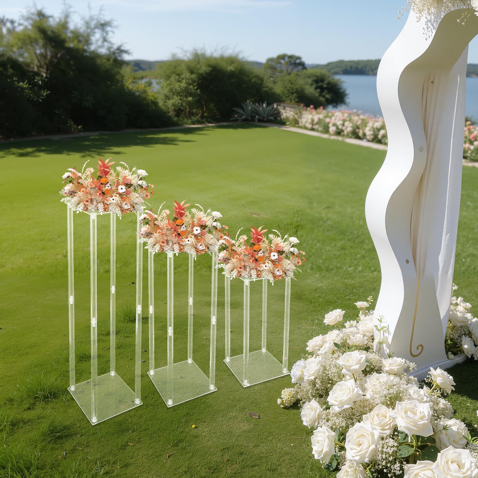 Blumenständer für Hochzeit, Aufsteller, Acryl, Tischaufsteller, Set mit 3 | Transparentes Acryl, 3 Höhen 40/60/80 cm, einfache Montage, Verwendung im Innen- und Außenbereich, wiederverwendbar