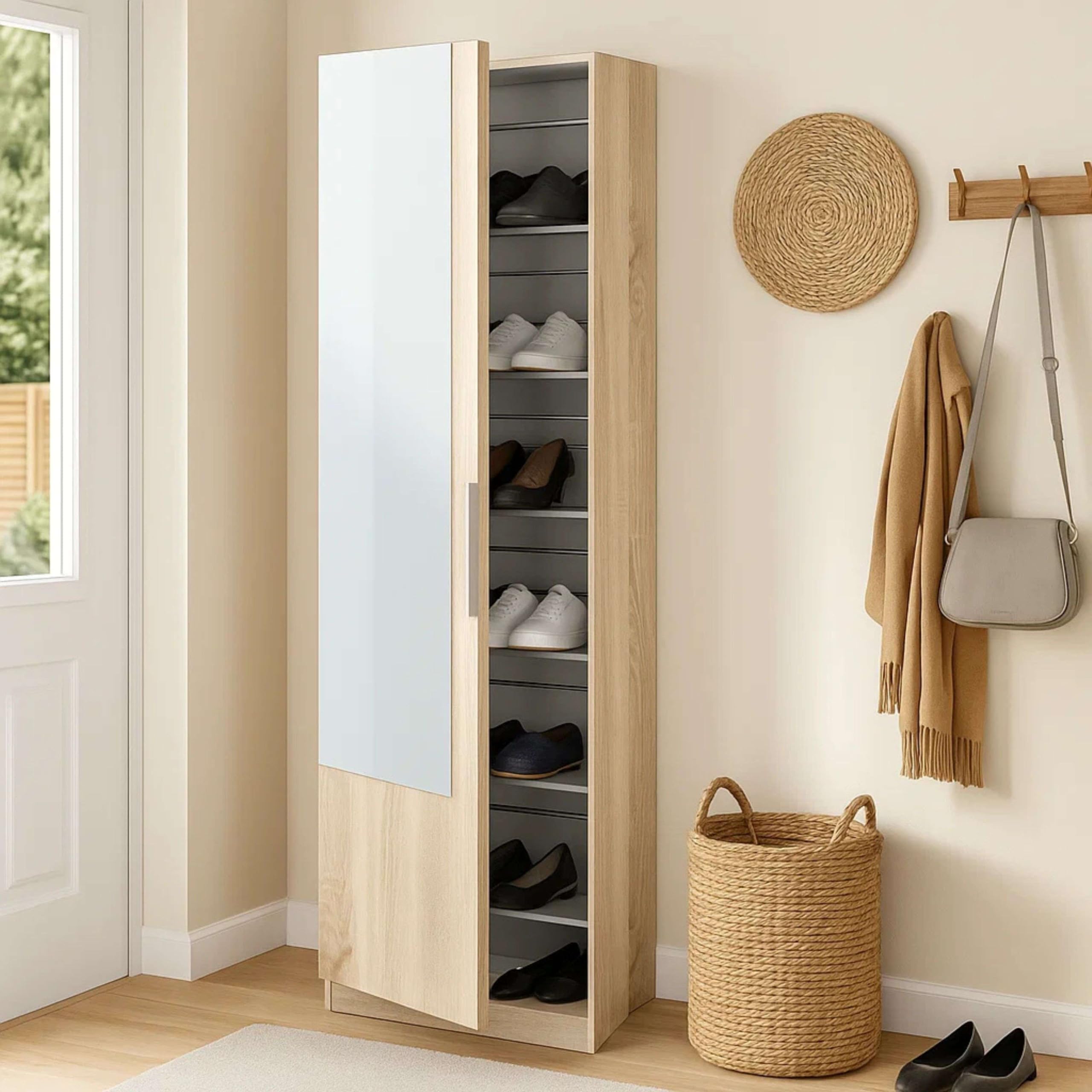 Habitdesign Mueble Zapatero 1 Puerta con Espejo en Roble Canadian para Entrada o vestidor 180x50x22