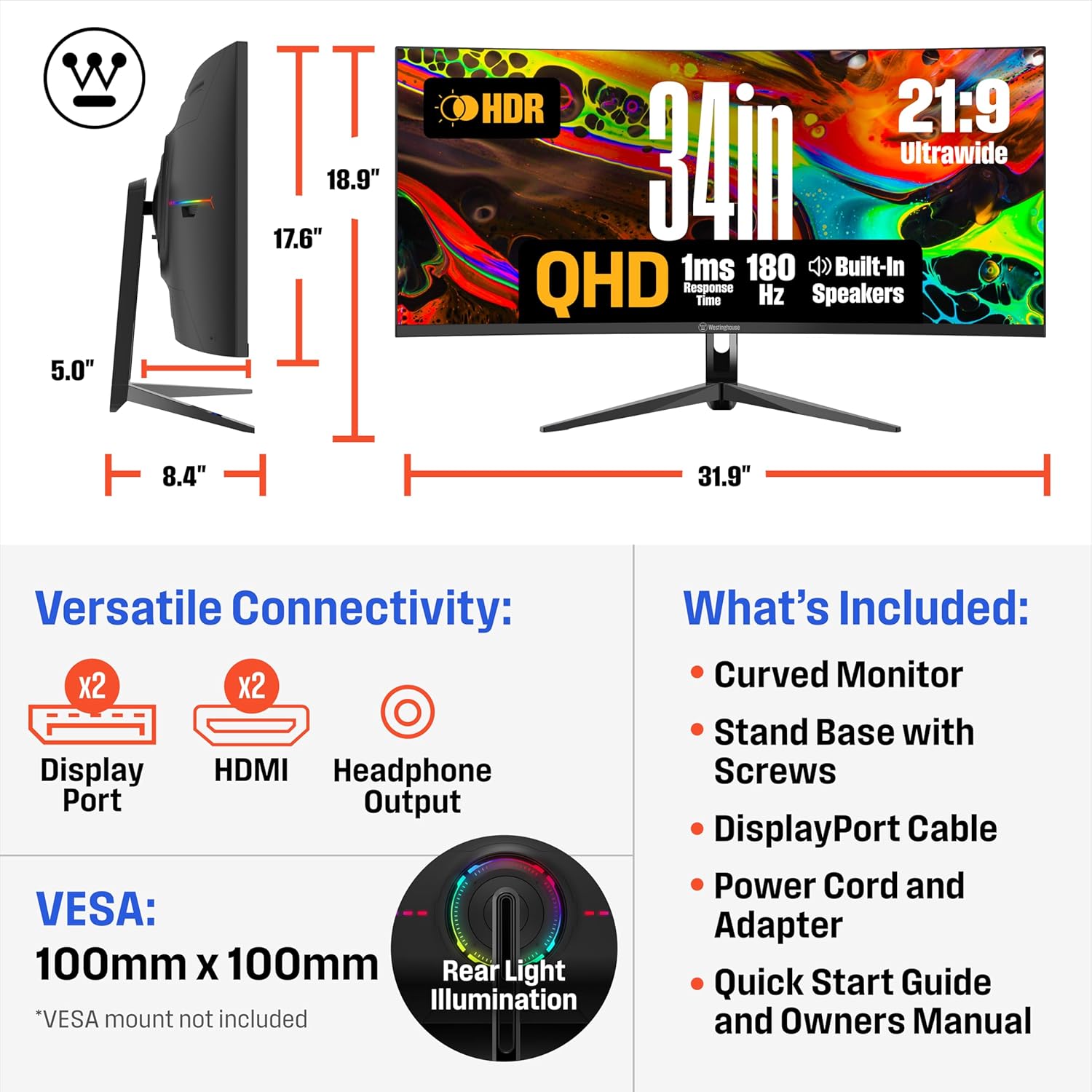 Westinghouse 34 Inch Curved Ultrawide Gaming Monitor, 180Hz, 1 ms, AMD FreeSync Support, Low Motion Blur, 1500R Curve, 3440 x 1440, for PC Games with Built in Speakers, 2X DisplayPort, 2X HDMI