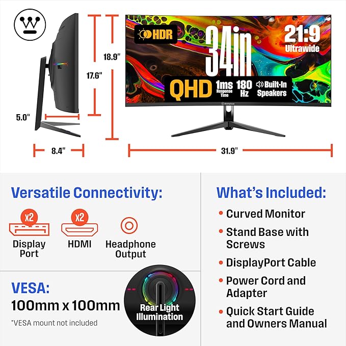 Monitor Curvo Ultrawide de 34 Pulgadas, 180 Hz, 1 ms, Resolución QHD miniatura 6