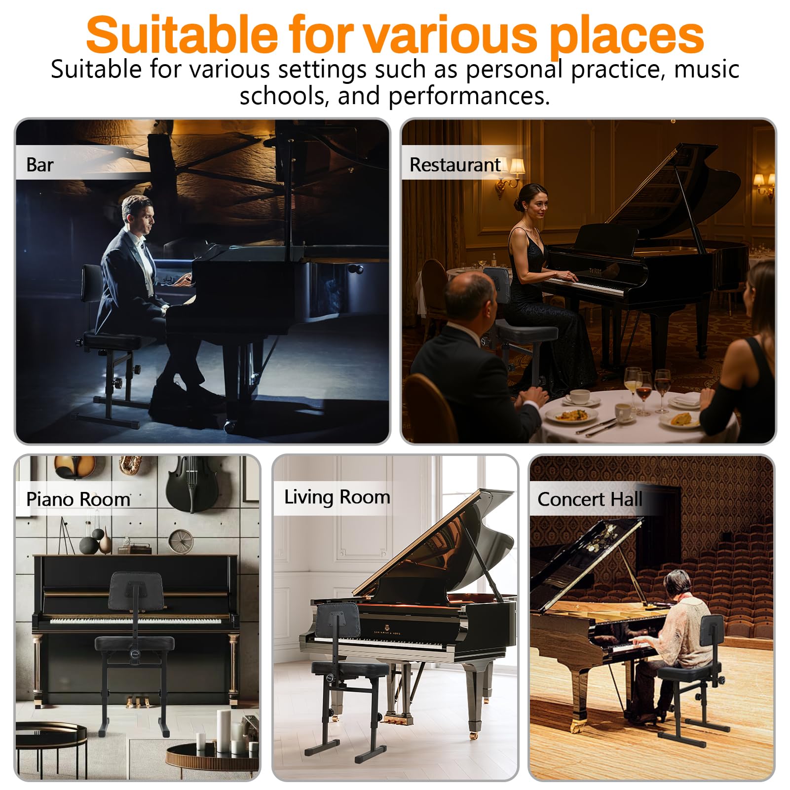 Klavierbank Verstellbarer Hocker - Musik Keyboard Bank Sitz mit Rückenlehne, Höhenverstellbar 45.0 cm-57.0 cm, Musiker Klavierhocker Stuhl für Klavier Keyboard Ständer (Schwarz)