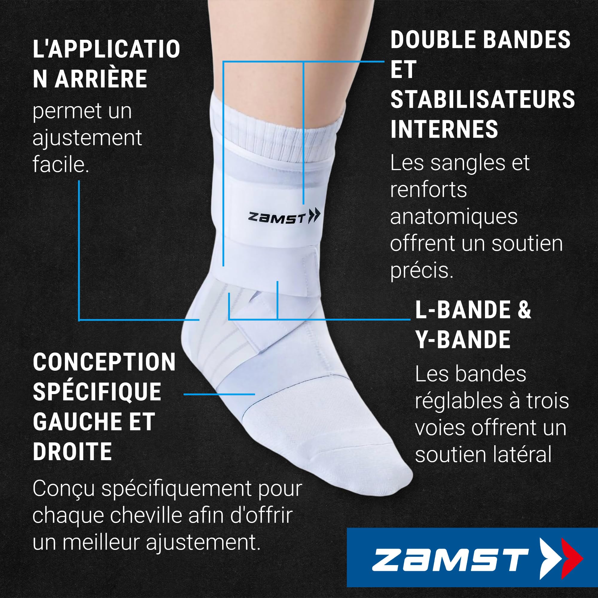 Zamst A1 Chevillère Blanche de Sport Support Respirant pour Hommes et Femmes avec Sangles Ajustables à Trois Bandes Pied Droit Taille M