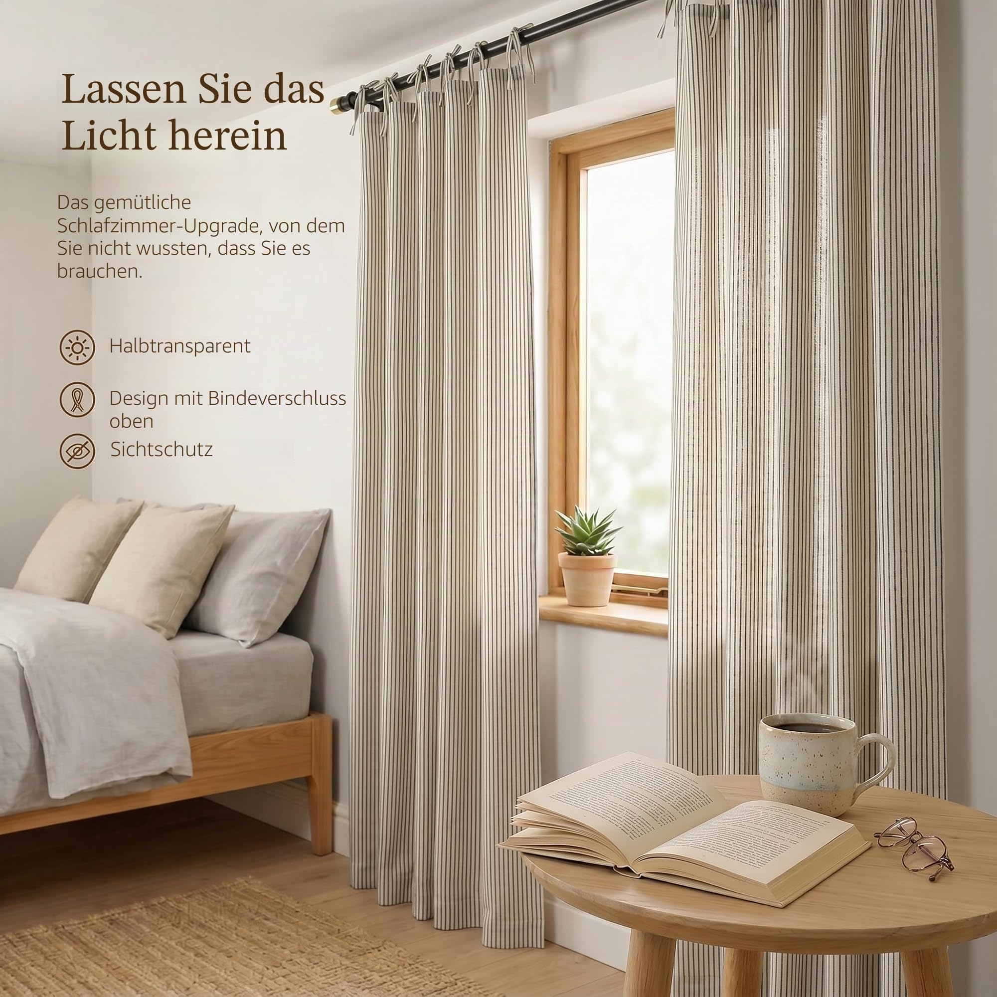 THE ART BOX Gaze Vorhänge – Gestreifte Boho-Leinenoptik, Krawatten-Top, Lichtfilternd, Tür- und Fensterbehandlung, 2 Vorhang-Panels Schwarz auf Beige (228,6 x 106,7 cm pro