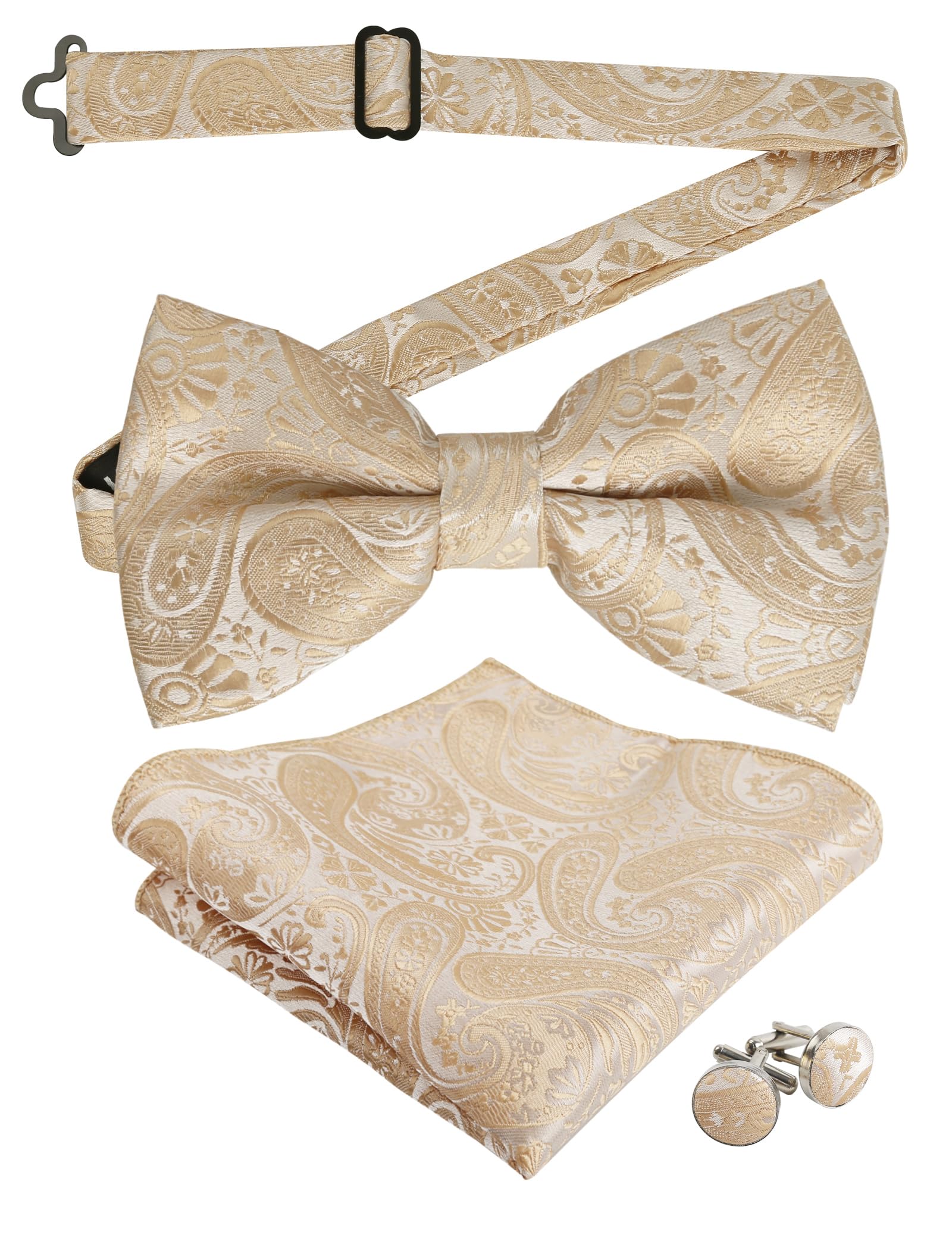 Alizeal Mens Paisley Pre-tied Bow Tie Pocket Square Cufflinks Set, Champagne (Size: One Size)