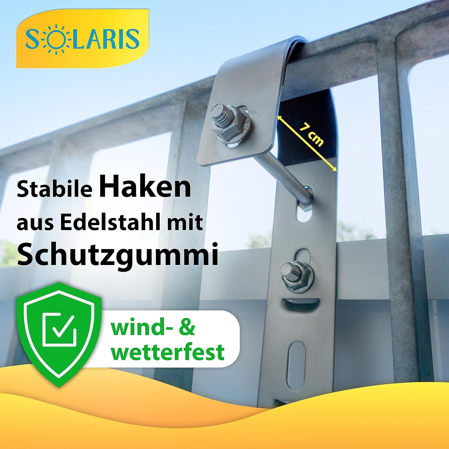 A stable stainless steel hook with protective rubber attached to a balcony railing, showing a measurement of 7 cm.