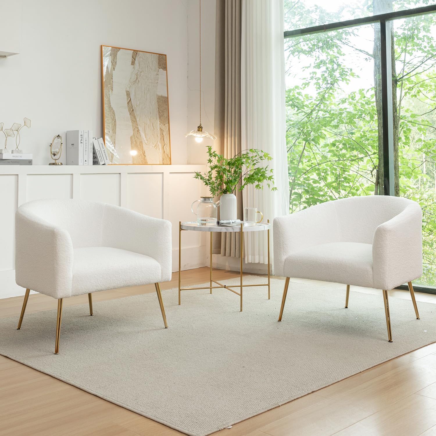 Modern Sherpa Boucle Accent Chair Set of 2, Upholstered Comfortable Armchair with Thicken Cushion Gold Metal Legs,Comfy Reading Chairs for Living Room Bedroom Office(White)