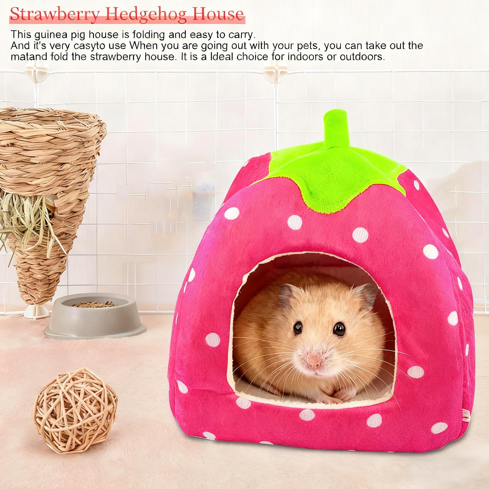 Guinea Pig Bed, 1Pcs Guinea Pig House, Non Slip Strawberry Hedgehog House with Removable Pad - Image 4
