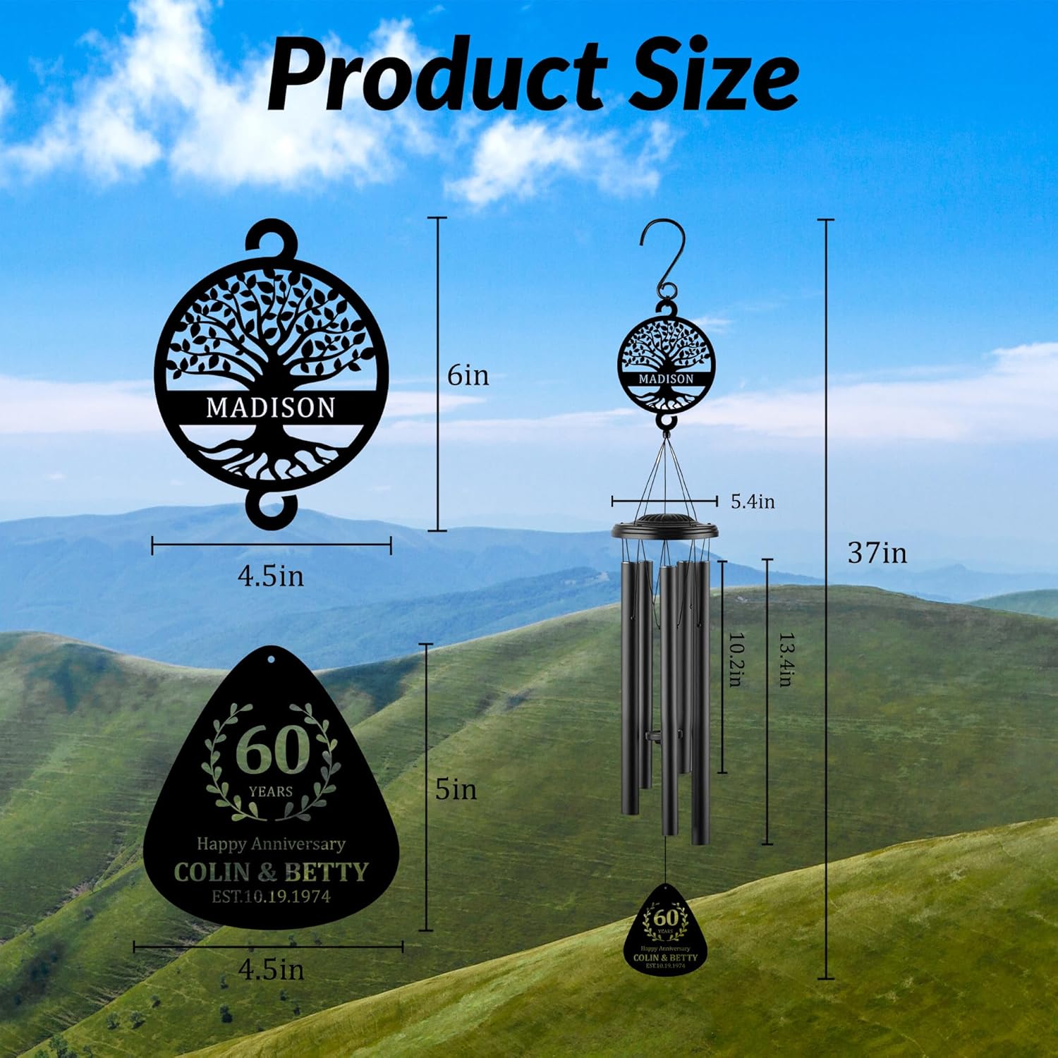 Personalized Anniversary 37" Wind Chime,Memorial Gift for Mom/Grandma,Custom Anniversary Wind Chime Gifts for Him for Her Him,Wind Chimes for Outside, Perfect Decoration for Patio, Garden
