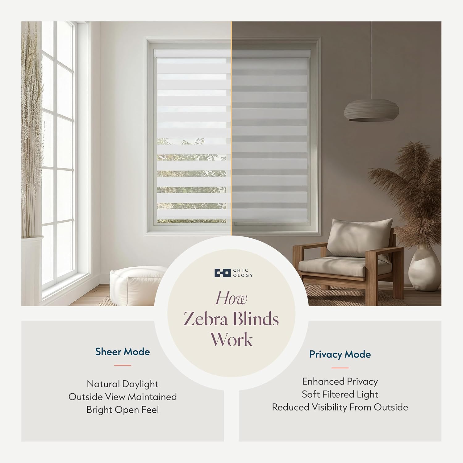 CHICOLOGY Zebra Blinds Cordless, Light Filtering, White Shade, 30W x 72H image 3