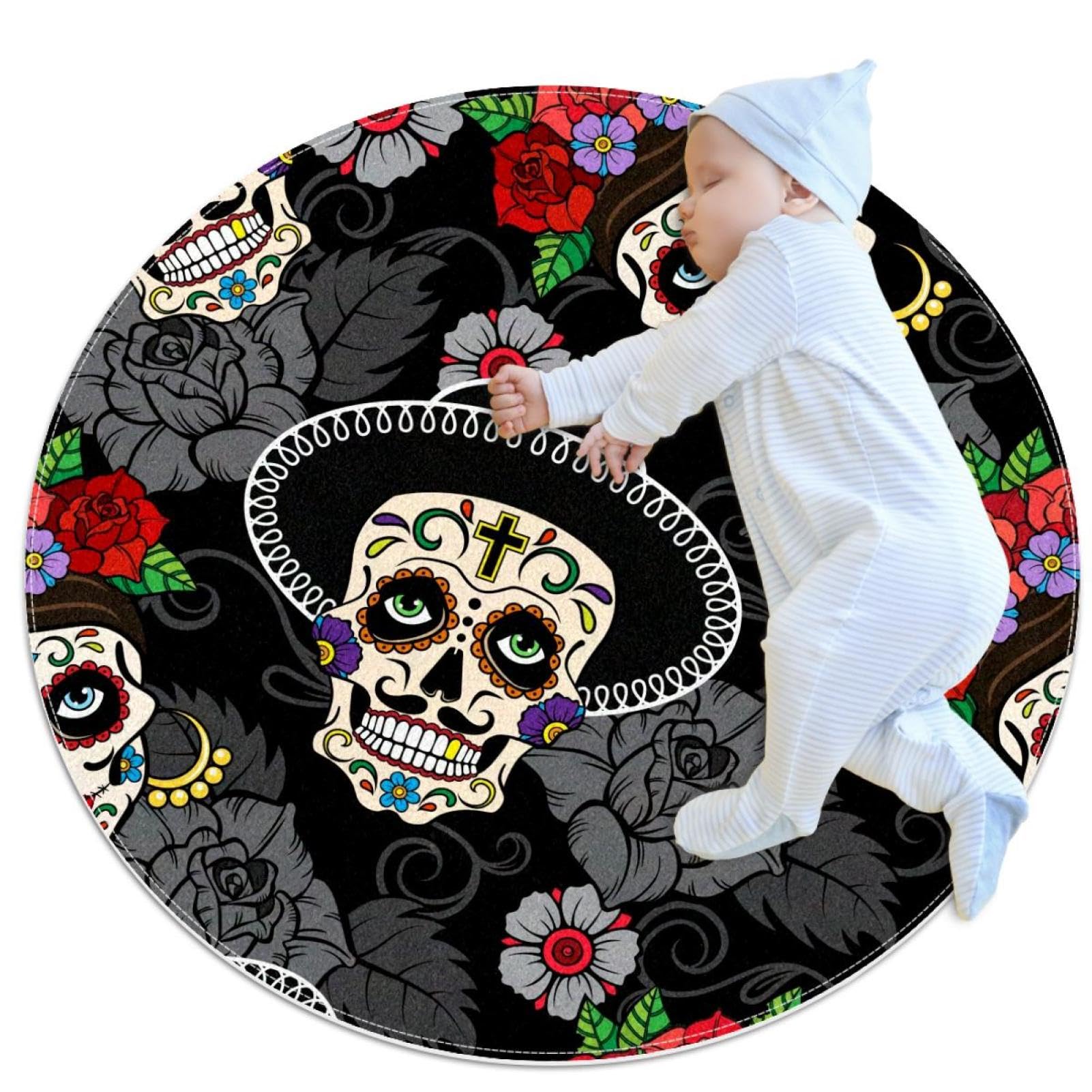 Tapis de salle de bain Dia de Los Muertos rond crânes en sucre 1m