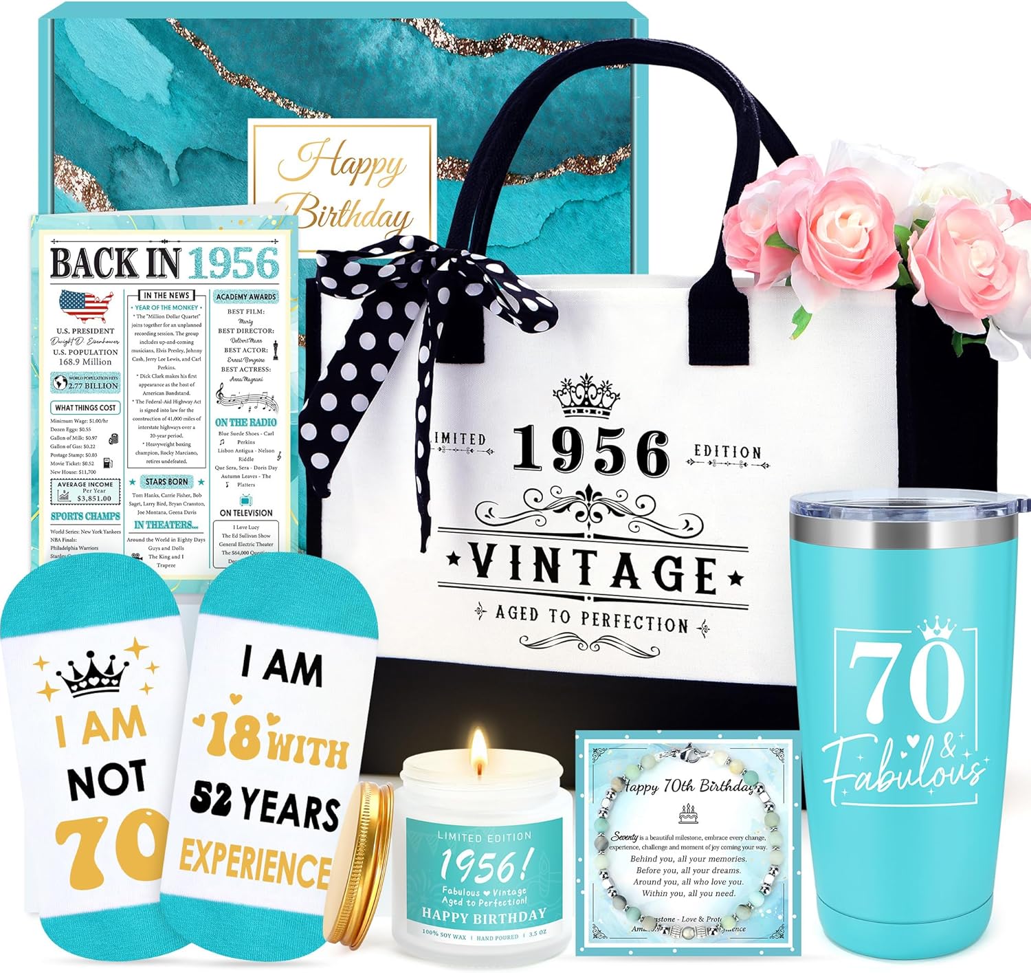 70th Birthday Gifts for Women 70 Year Old Birthday Gifts for Women Cool 1956 Gift Ideas for Female Funny Gift for 70 Year Old Womens Happy 70th Bday Decoration Baskets for Female Mom with Tumbler Bag