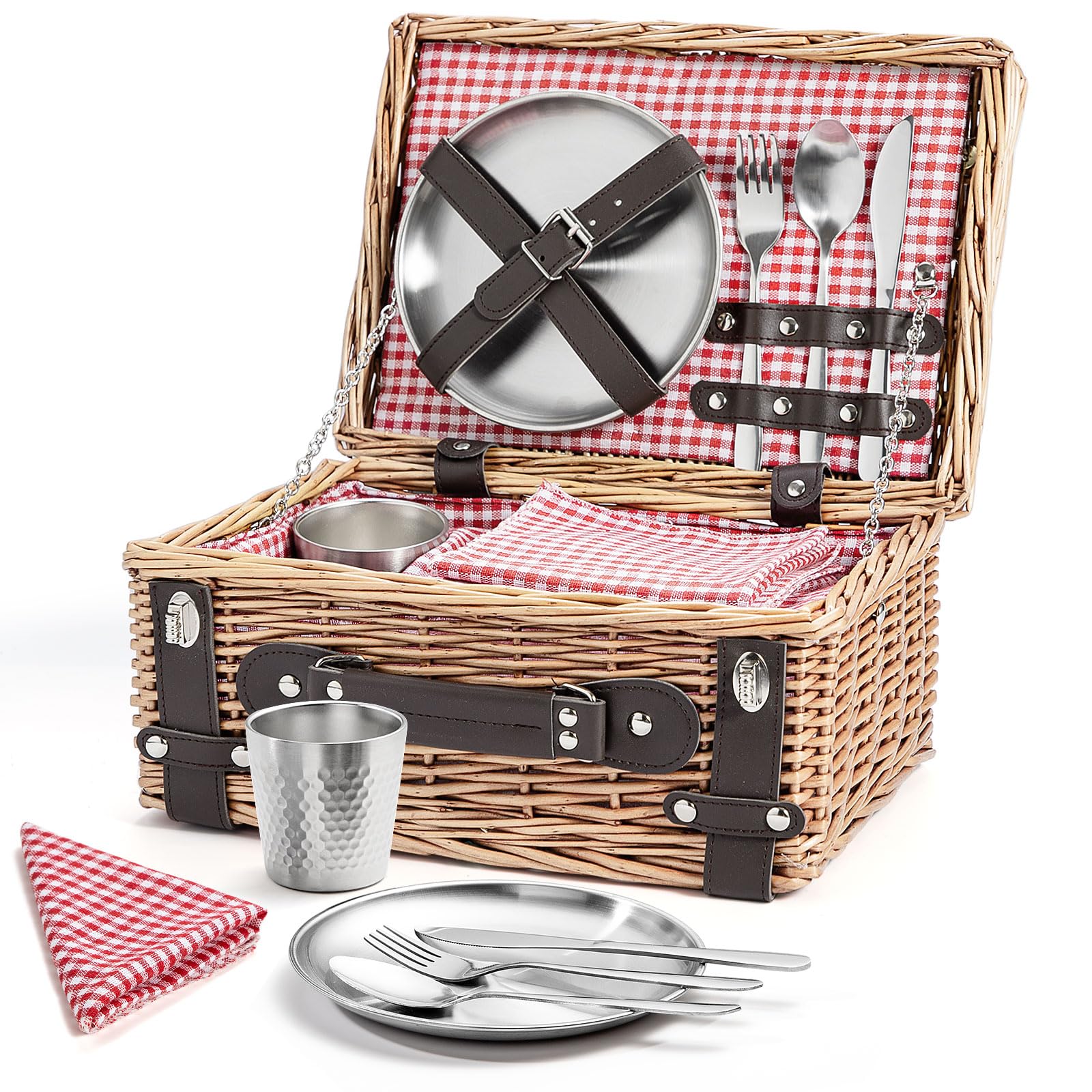 Weiden-Picknickkorb für 2 Personen, Weidenkorb mit Wasserfester Picknickdecke und Besteckset, Picknickkorb für Camping, Outdoor, Valentinstag, Weihnachten, Geburtstag, Hochzeit