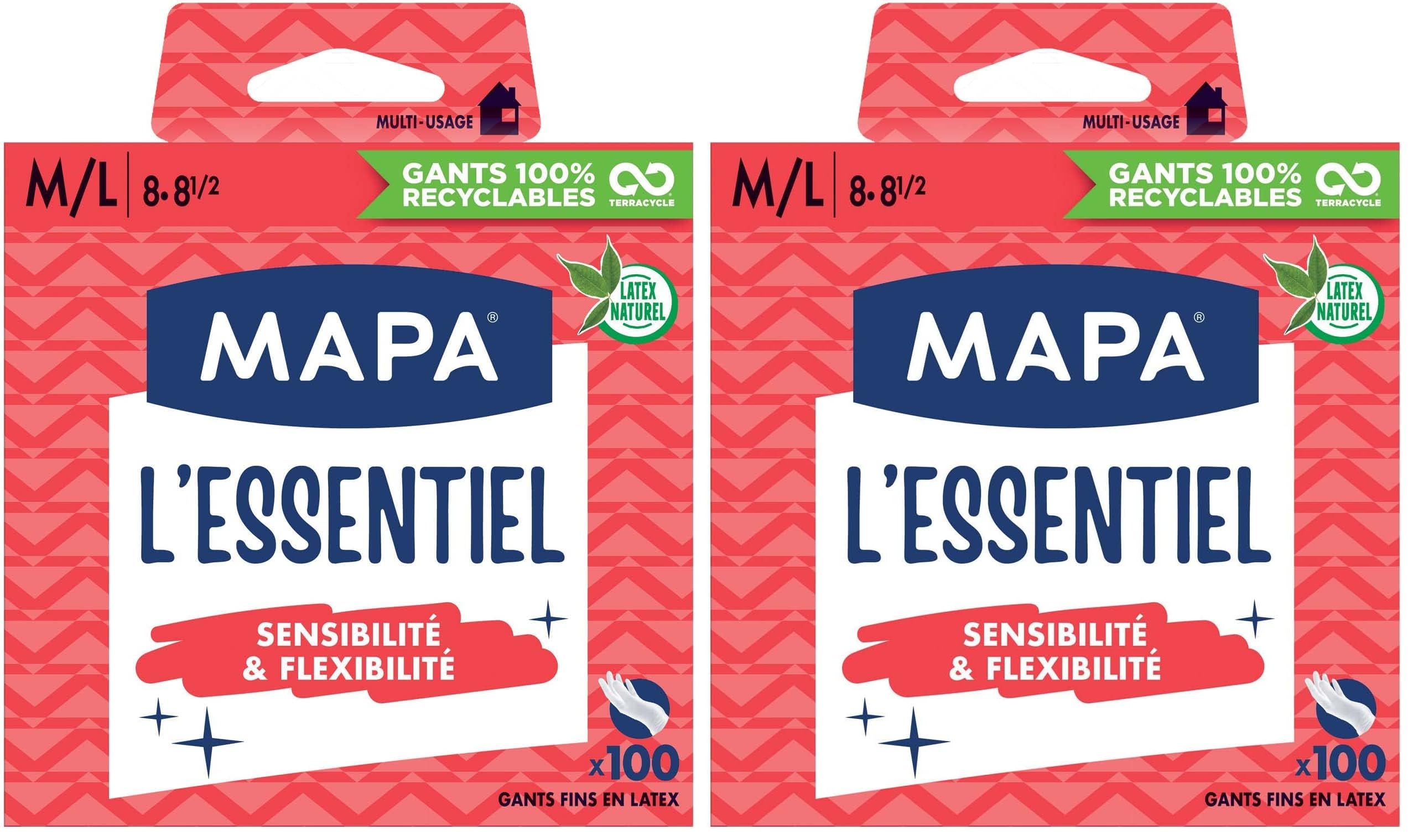 Mapa - L'Essentiel - Gants Fins en Latex naturel Poudrés - Sensibilité et Flexibilité - Boîte de 100 gants - Taille M/L, Blanc (Lot de 2)