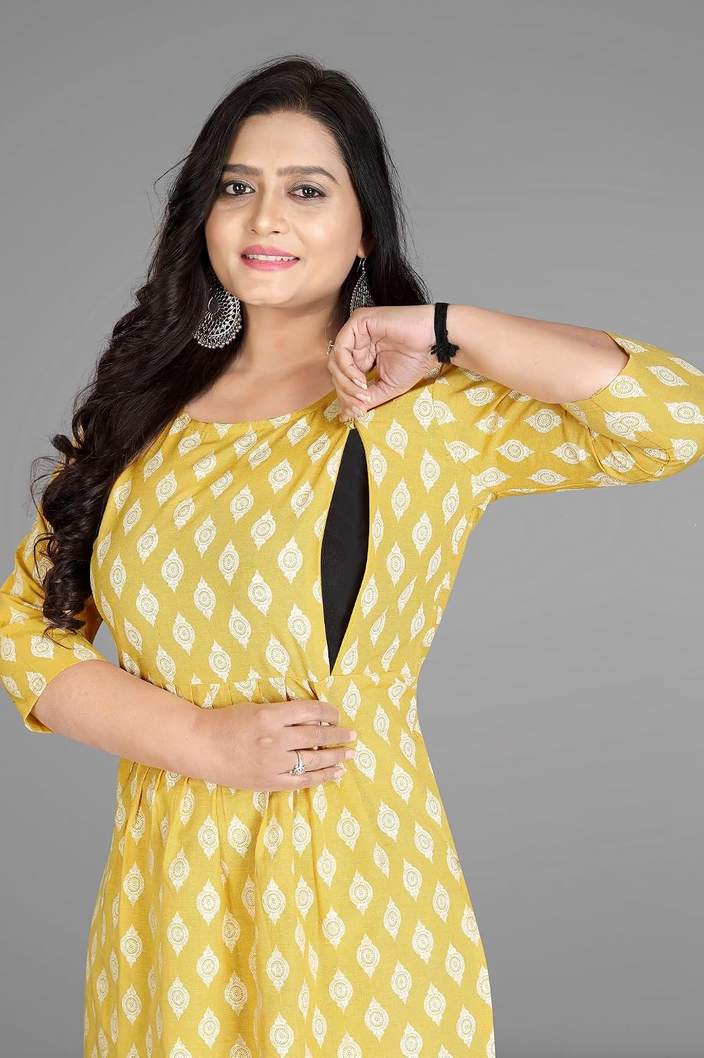 Lerkiza Womens Block Print Cotton Maternity Feeding Kurtis Side Zippers