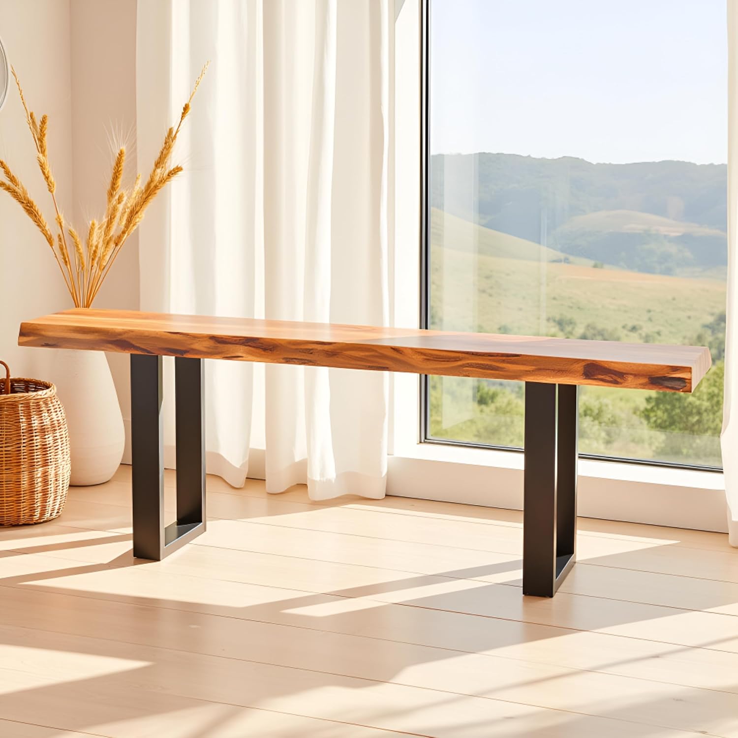 Alpine 48-Inch Live Edge Acacia Wood Bench with Black Metal Base – Rustic Industrial Entryway or Accent Seating for Living Room, Hallway, or Foyer by Alaterre Furniture 48 Inch image 6 of 10 B07CH6DW11