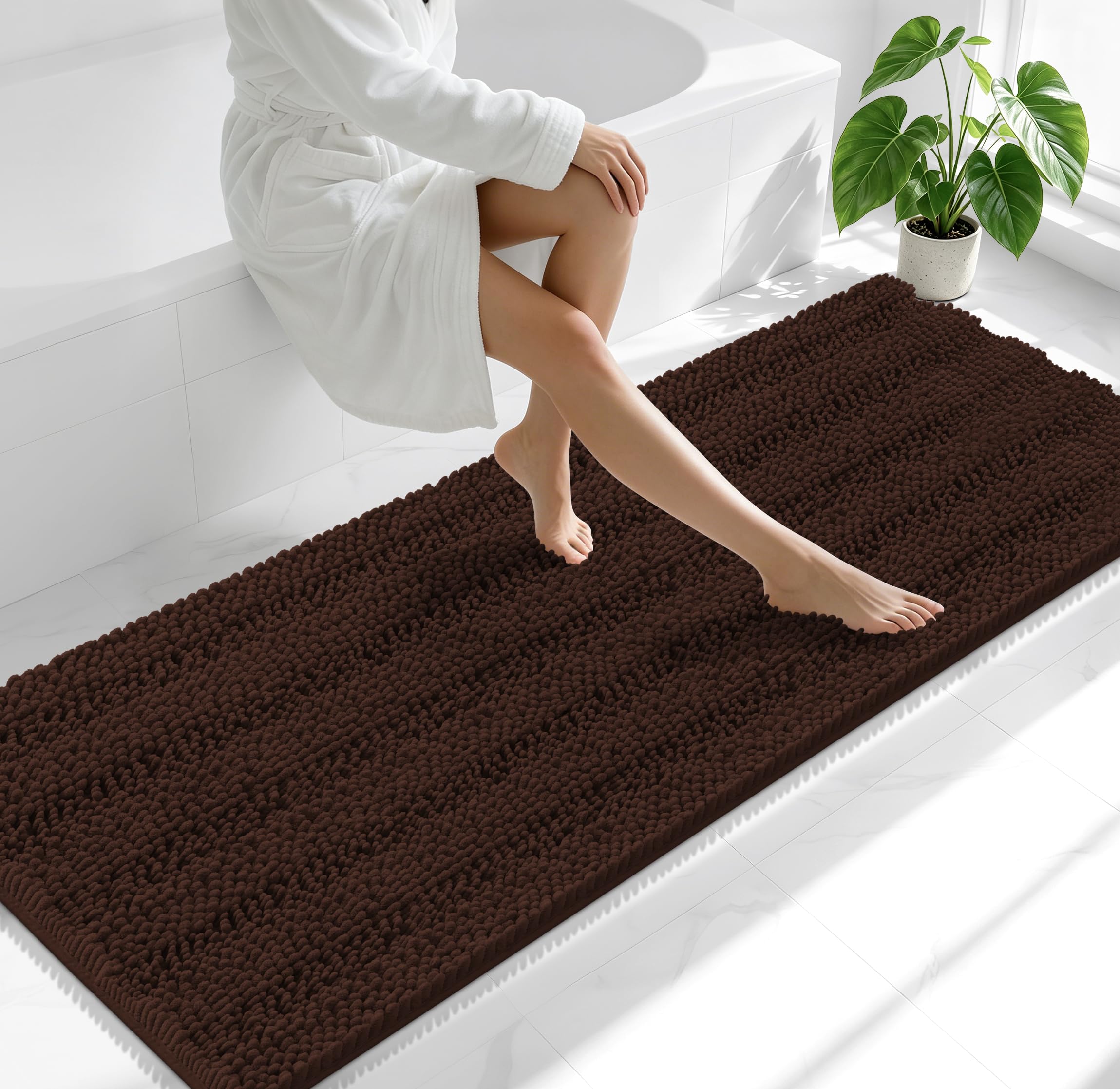 Smiry Thick Chenille Bathroom Runner Rugs 70x24, Absorbent Bath Mat, Brown