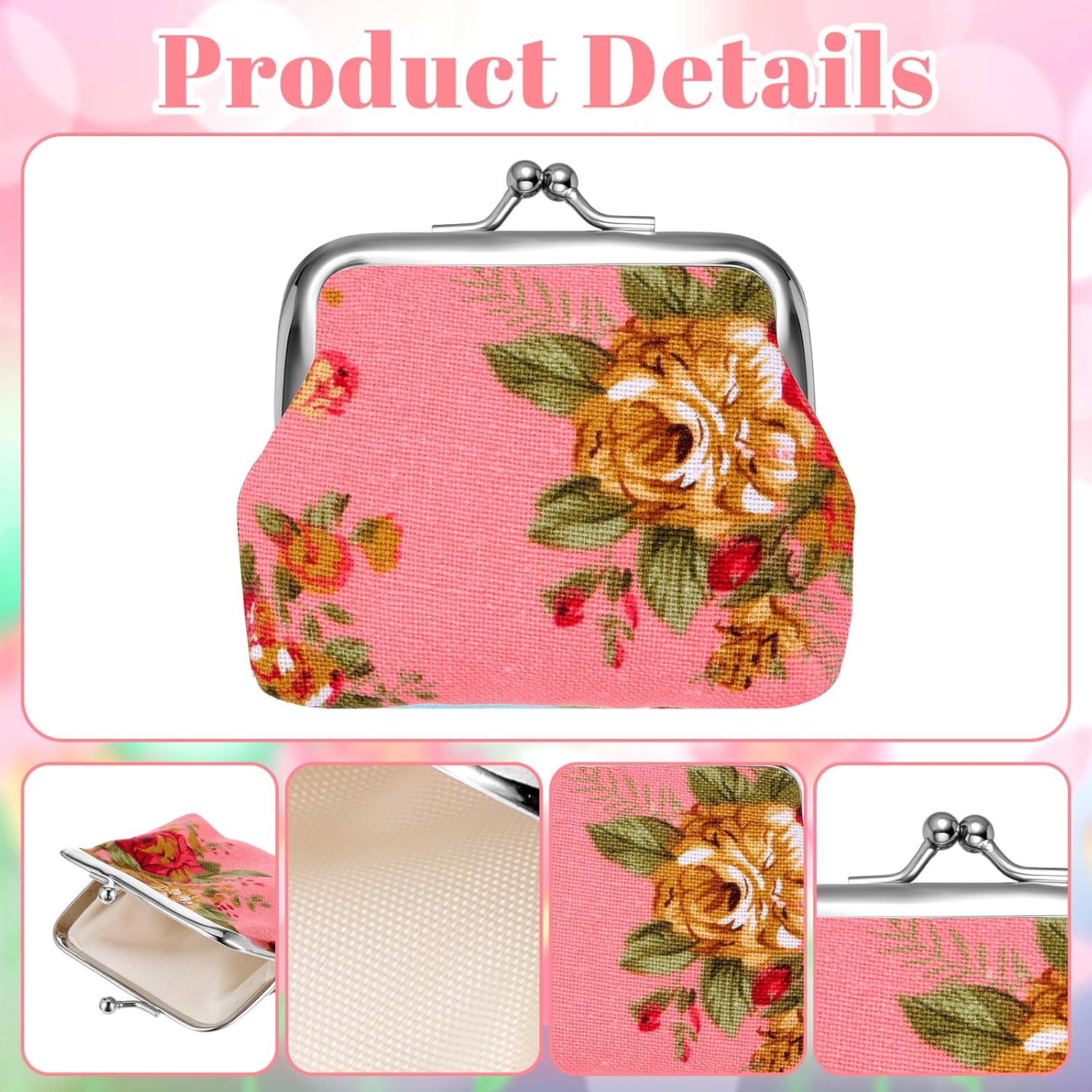 24pcs Canvas Floral Coin Purses, Vintage Kiss Lock Canvas Floral Buckle Coin Purse Change Purses for Women, 4 X 3 Inch Fabric Coins Purse Rose Flower Wallet for Women, Bulk Small Wallets Party Favors - Image 3