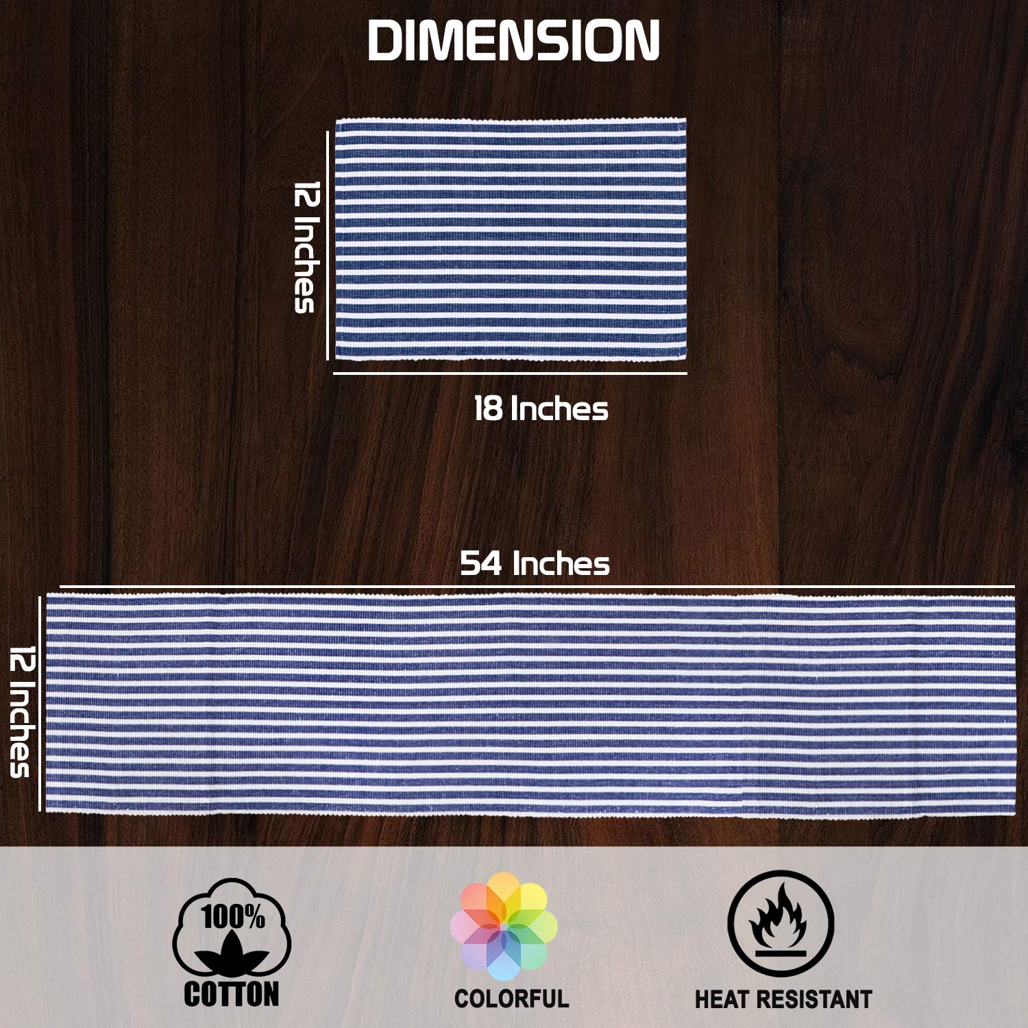 HOKIPO Blue Ribbed Placemats & Table Runner -7