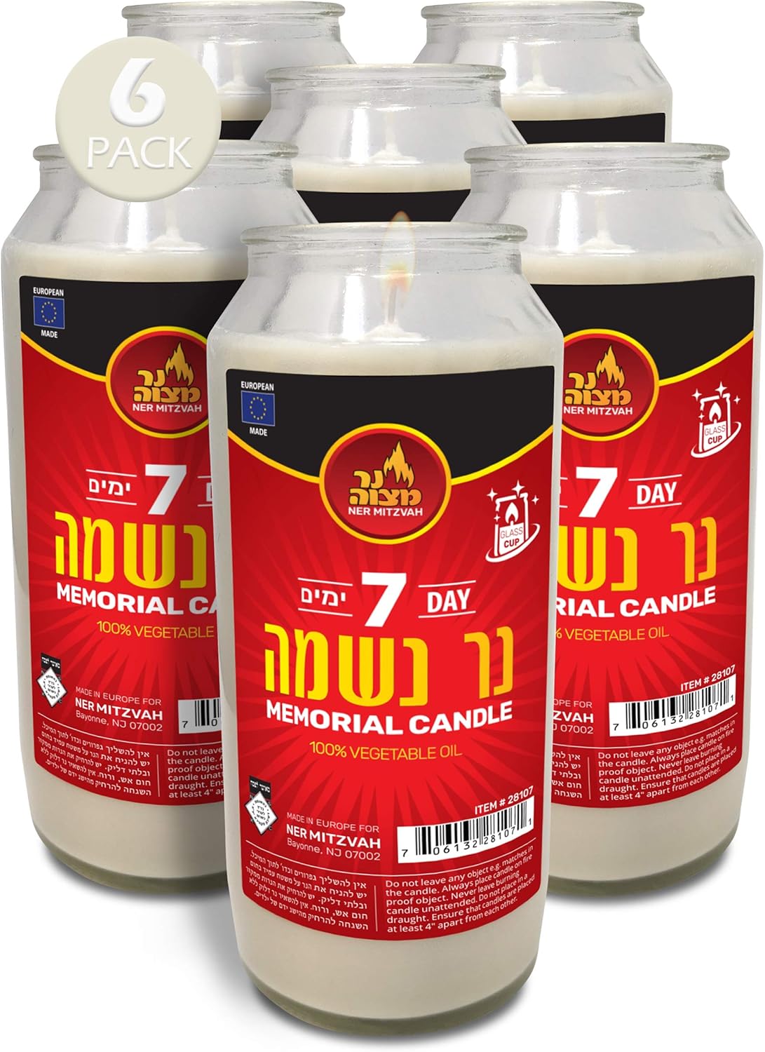 Ner Mitzvah 7 Day Yahrzeit Candle - 6 Pack Kosher White Yahrzeit Memorial Candles - Yom Kippur and Holiday Candle in Glass Jar - 100% Vegetable Oil Wax Prayer Candle