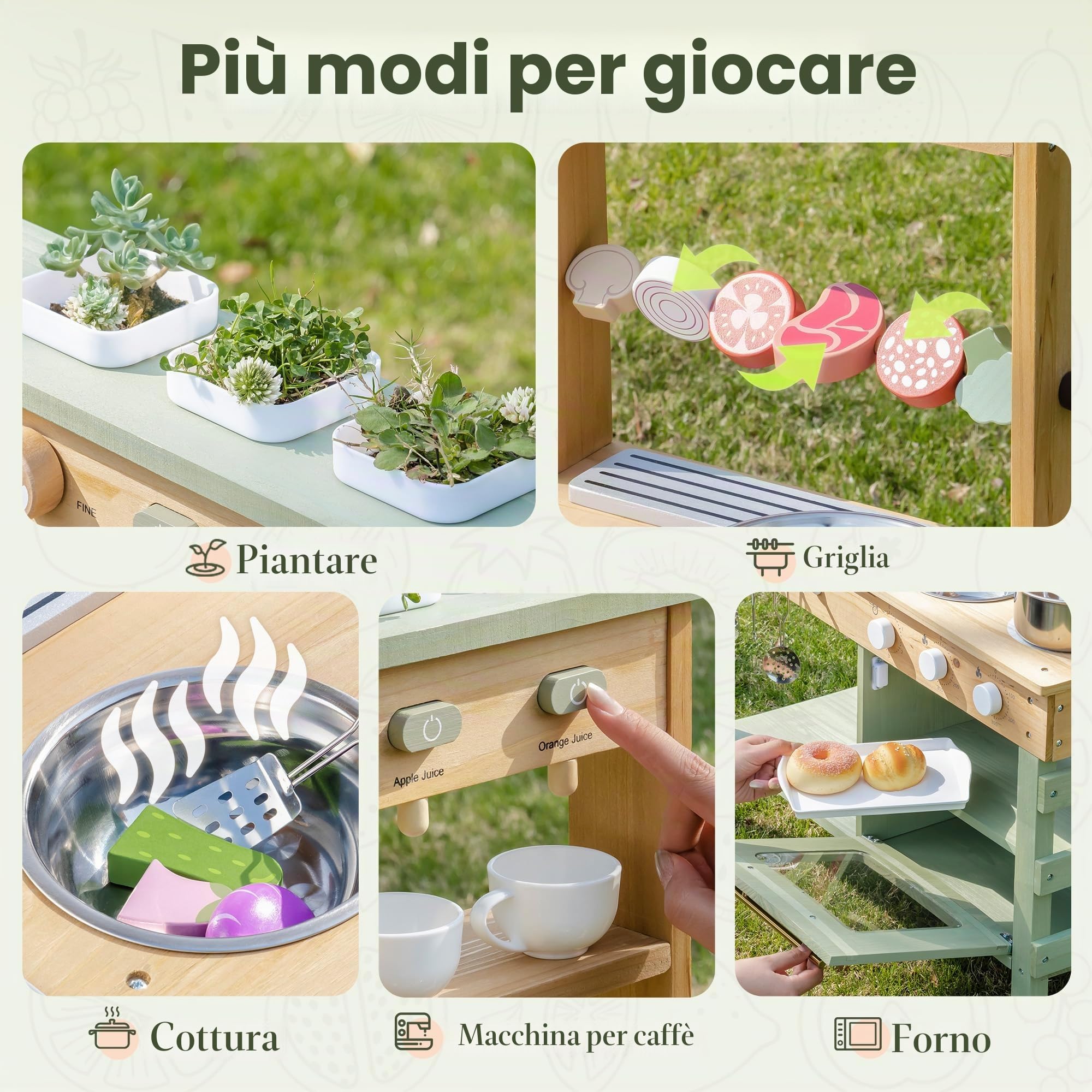 ROBUD Cucina in legno per bambini, 17 pezzi di cucina finta con lavello, lavagna e accessori da cucina, cucina giocattolo all'aperto per barbecue, set di giochi educativi per bambini dai 3 anni in su