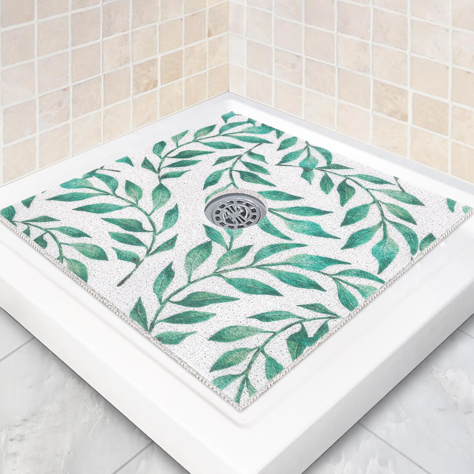 Square Shower Mat Non Slip: 27 x 27 Inch Extra Large Shower Mats with Drain Hole in Middle - PVC Loofah Anti Slip Shower Floor Matt for Inside Shower