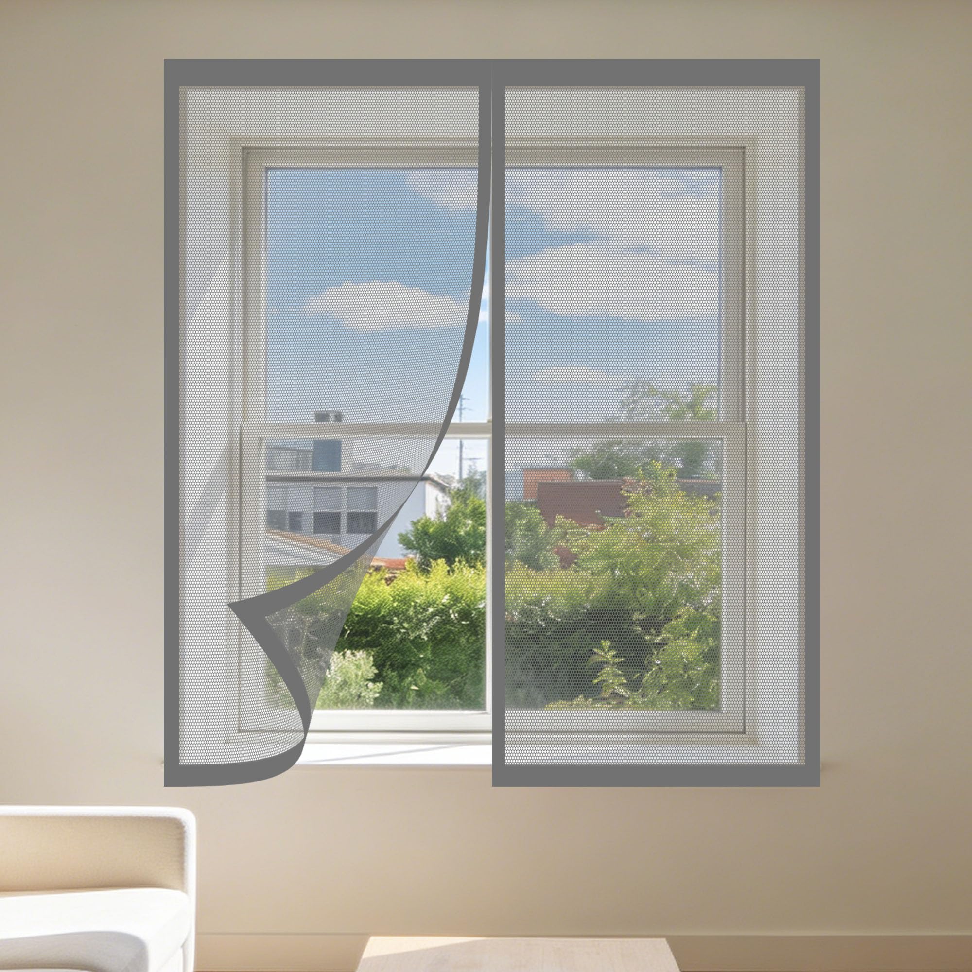 Window Fly Screen 130 x 155 cm with Selfadhesive Selfadhesive Window Guard Screen Easy Install for Windows Doors and Patio Screens, Grey