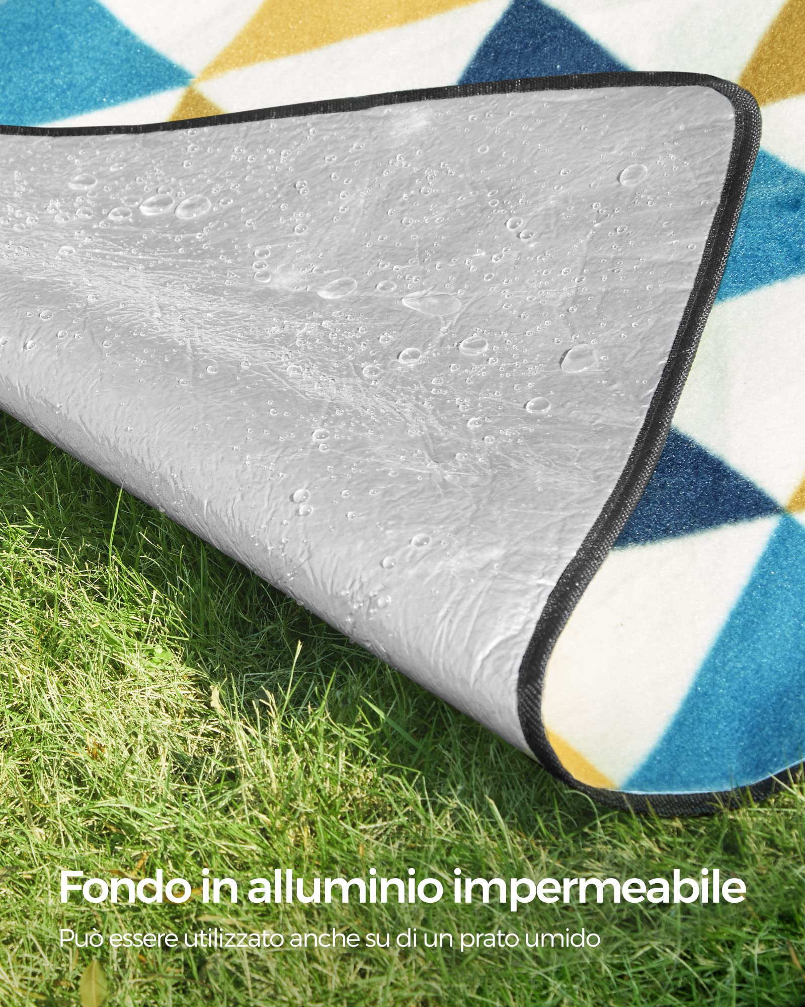 SONGMICS Coperta Picnic, 300 x 200 cm, Grande Telo da Campeggio, Parco, Giardino, Esterno, Spiaggia, Strato Impermeabile, Pieghevole, Motivo Triangolare Giallo e Blu GCM073Q01
