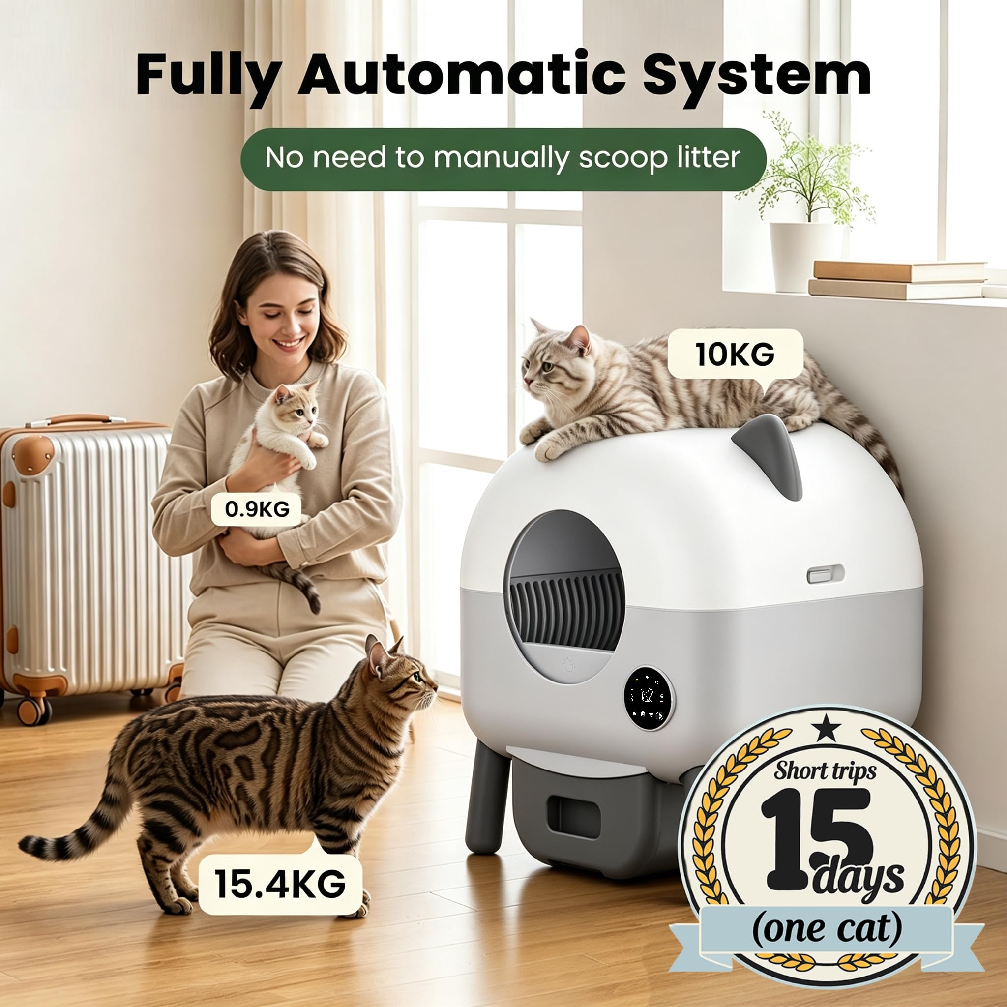 Lettiera per gatti autopulente, 89 l, autopulente, controllata tramite app, sensori di sicurezza, controllo degli odori, lettiera automatica per più gatti, luce notturna a LED, 1 rotolo di sacchetti