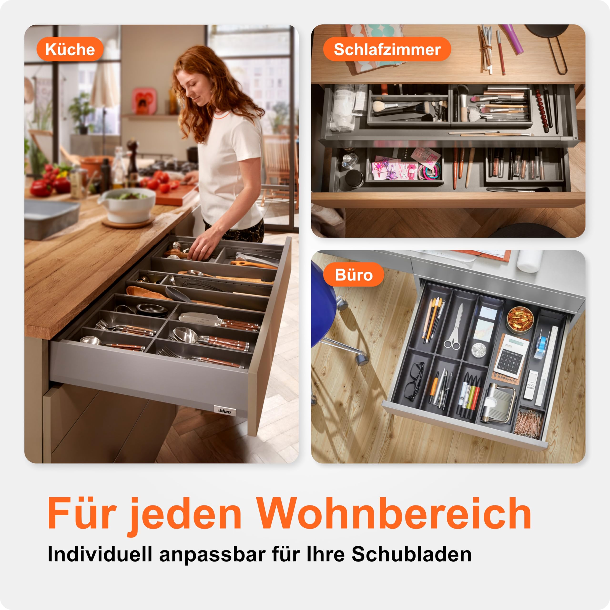 Blum AMBIA-LINE Besteckkasten mit Soft-Touch | Premium Schubladen-Organizer für moderne Küchenschublade & Schrank | schützt, sortiert & ordnet Besteck und Küchenhelfer | Maße: 47×30×5 cm | Oriongrau