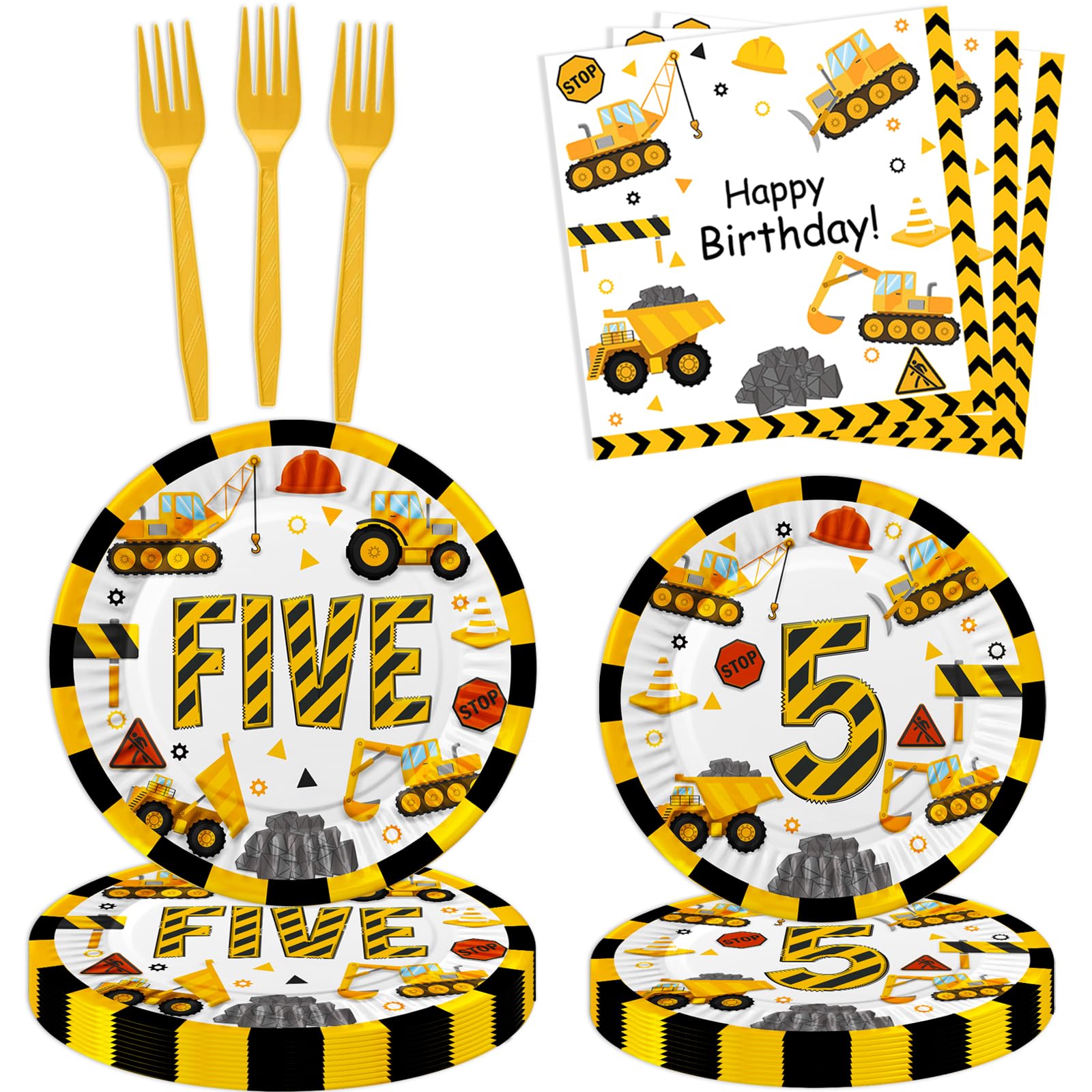 Letromp Construction 5th Birthday Decorations Construction Five Years Old Disposable Paper Dinner Plates Napkins Forks Dinnerware for Dump Truck Theme