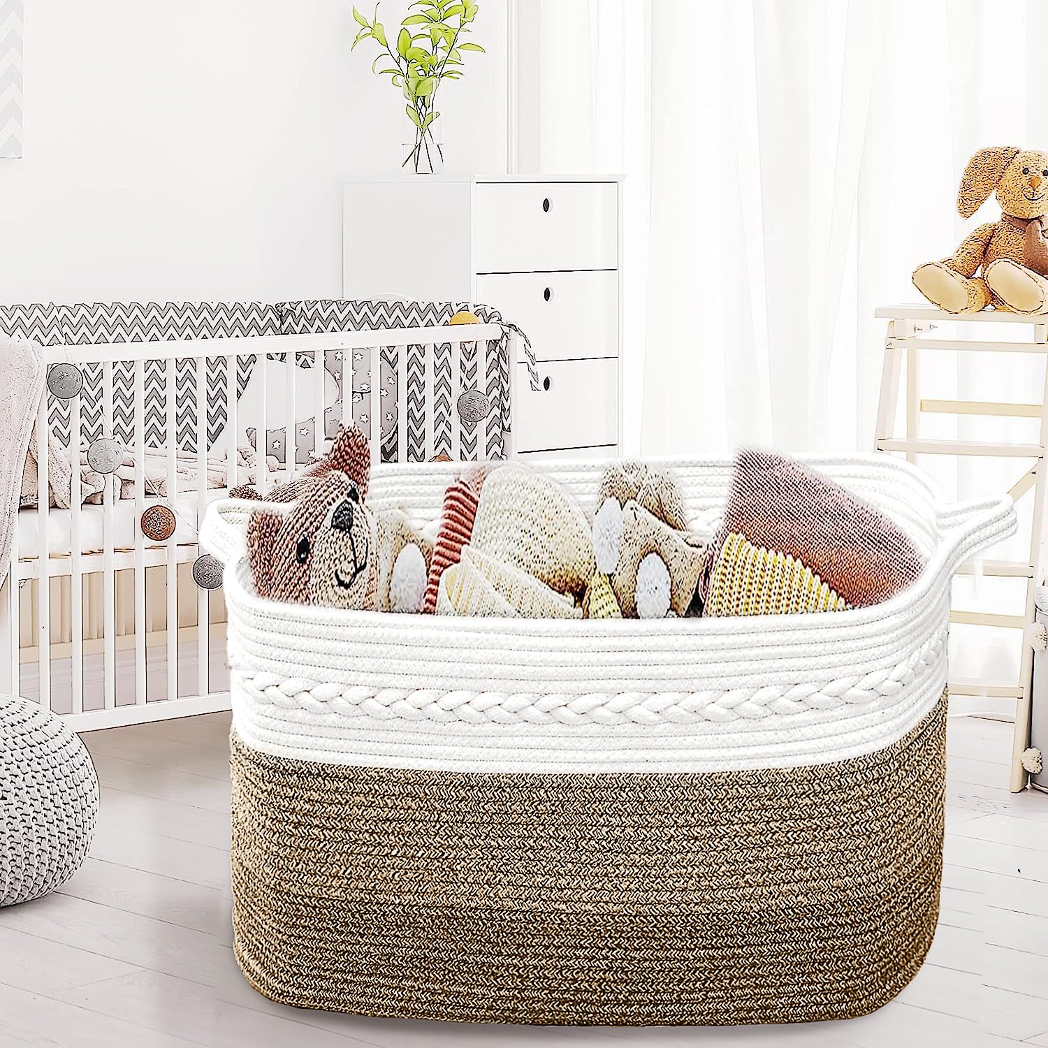 Poschnor Extra Large Blanket Basket, 80L Laundry Basket with Handles, 22”x17”x13” Laundry Hamper, Rectangular Woven Rope Basket, Storage Basket for Toys, Pillows, Blankets, 3 Tone Brown