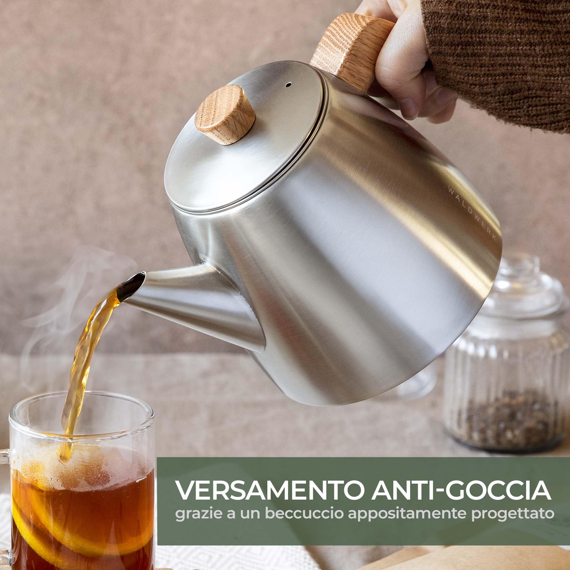 WALDWERK Teiera con Infusore – Teiera termica a doppia parete – Teiera con filtro in acciaio inox 304 – Infusiera con manici in vero legno di quercia – Teiera 100% antigoccia