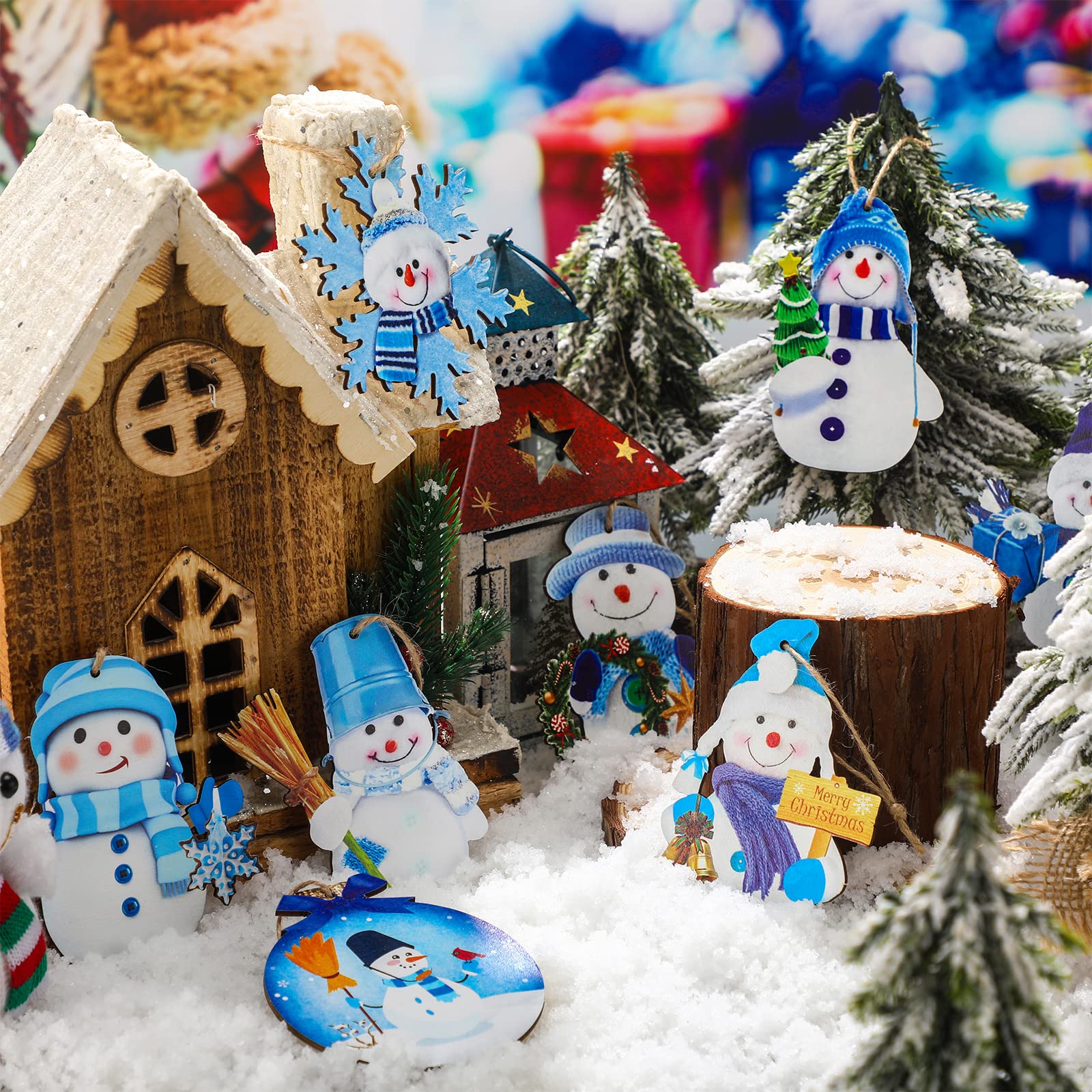 Amyhill 30 adornos de muñeco de nieve azul de Navidad, adornos de madera para árbol de Navidad, mini muñeco de nieve y copo de nieve, colgante colgante para invierno, Año Nuevo, casa, festival