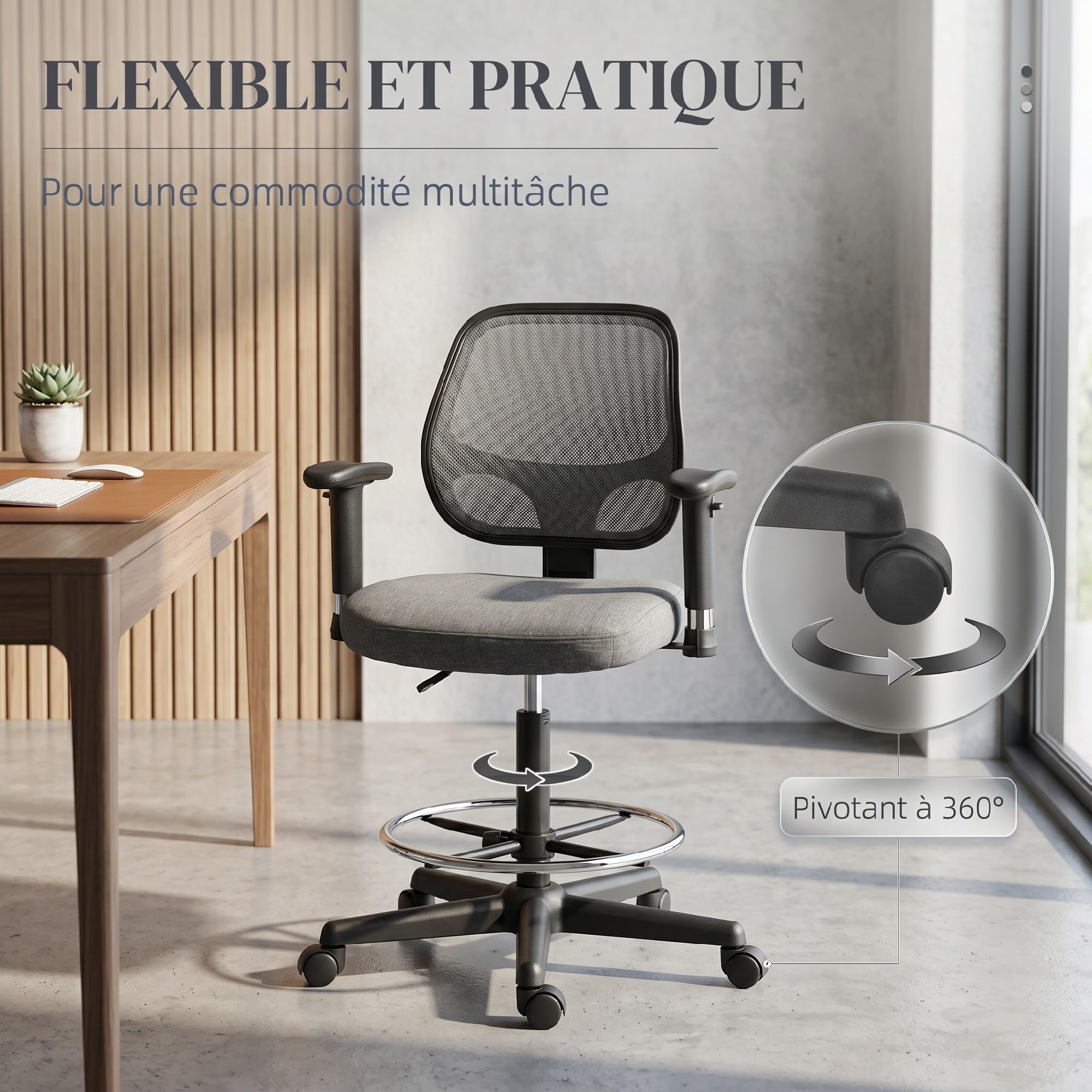 Vinsetto Fauteuil de Bureau Assise Réglable 60L x 57P x 97-119H cm Gris