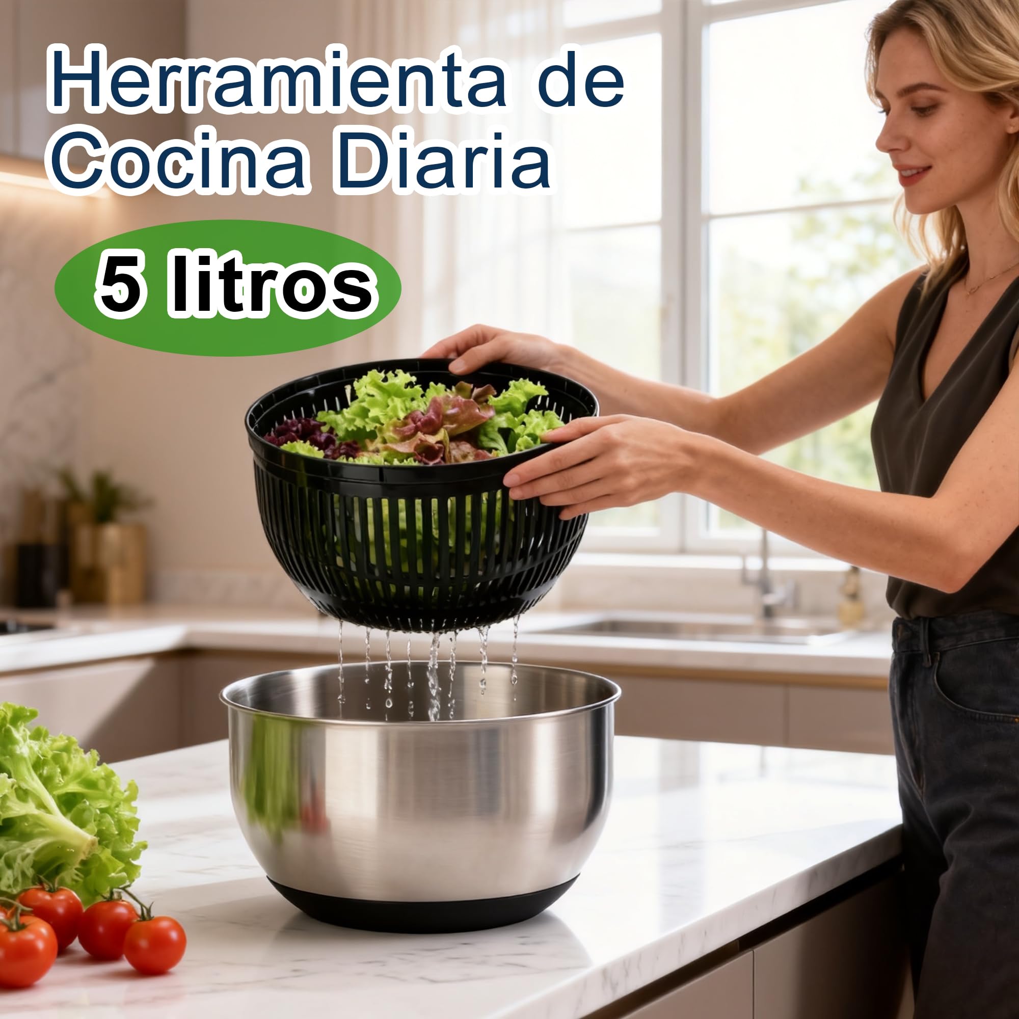 VALLEYHIKE Centrifugadora Ensalada Acero Inox 5L con Tapa Hermética | Centrifugadora Ensalada Resistente, Tracción, Ahorra Tiempo/Espacio, Fácil Usar/Limpiar/Guardar, Preparación Comidas, sin BPA
