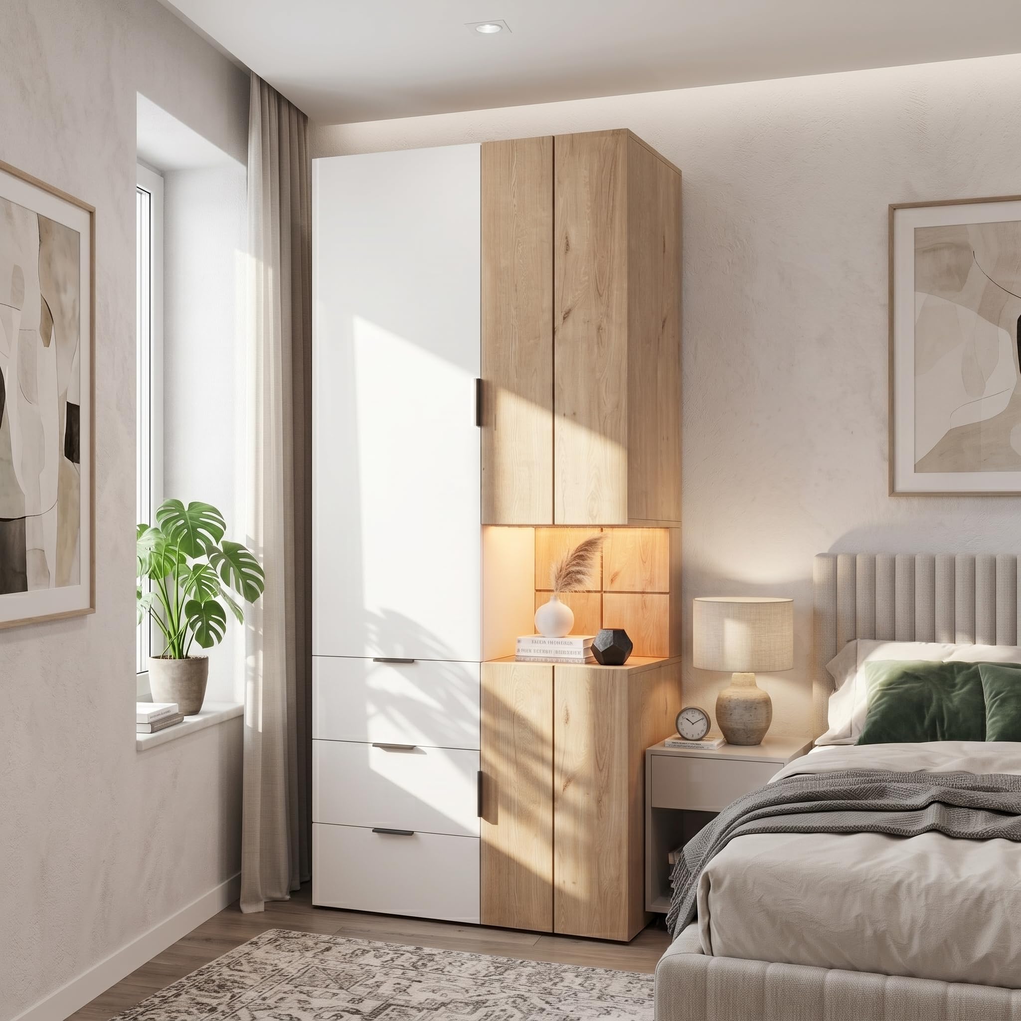 Armadio con illuminazione a LED e cassetto portagioie, 90 x 49 x 200 cm, con 2 aste appendiabiti, strisce LED e 4 cassetti, moderno armadio con ante girevoli per camera da letto, soggiorno e cameretta