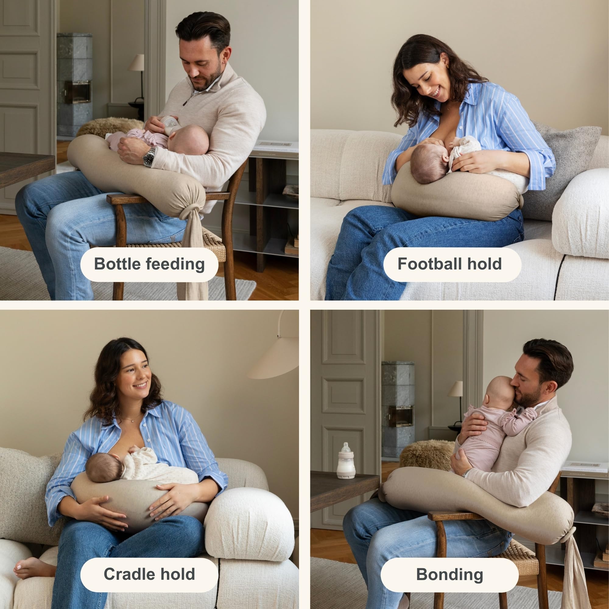 bbhugme Verstellbares Stillkissen – Stillen, Flaschenfütterung, Babyunterstützung – Einstellbare Festigkeit und Passform – waschbarer Kissenbezug – Seashell Beige